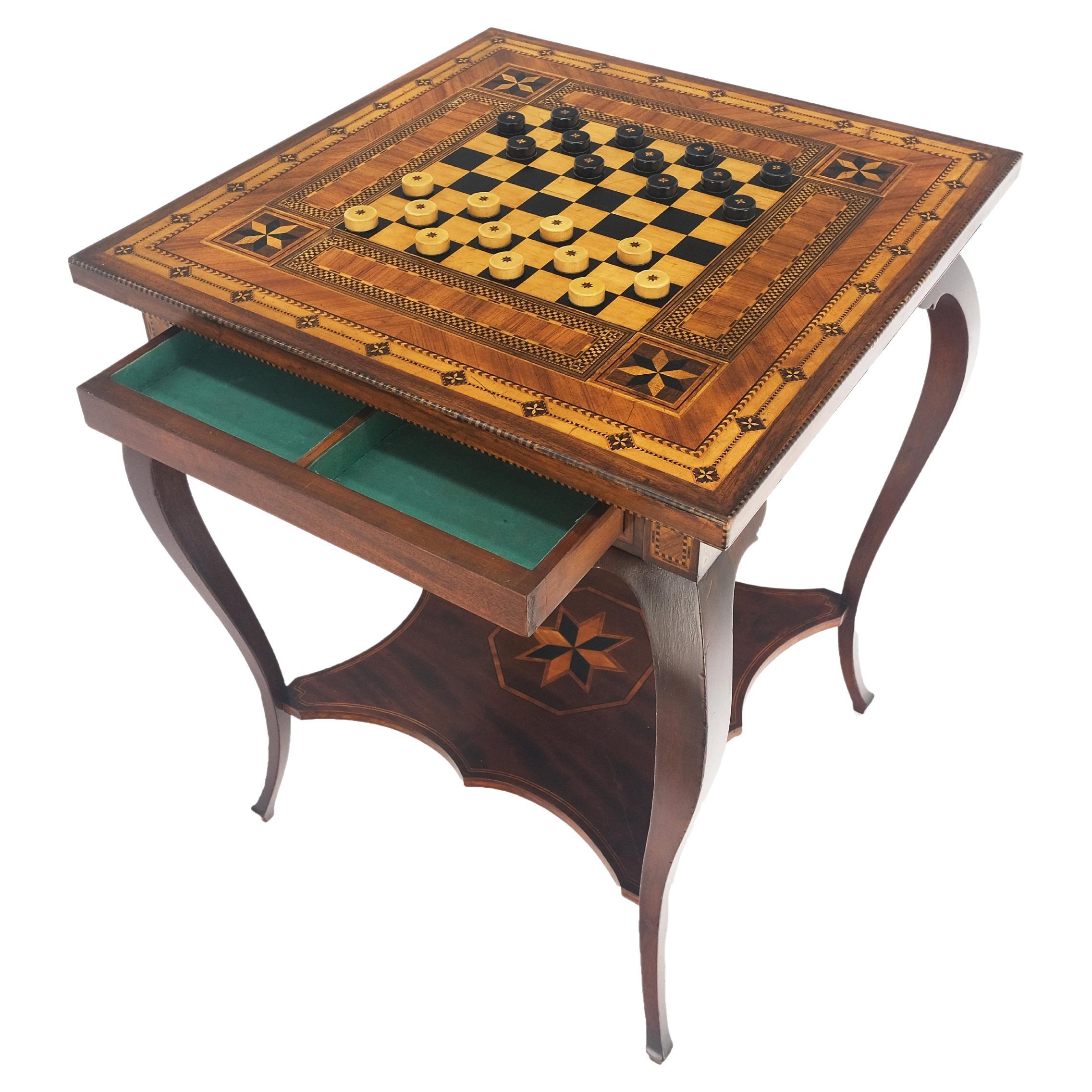 Very Fine Antique Dated 1910 Inlay Checkerboard Two Tier Game Table Very Clean  For Sale