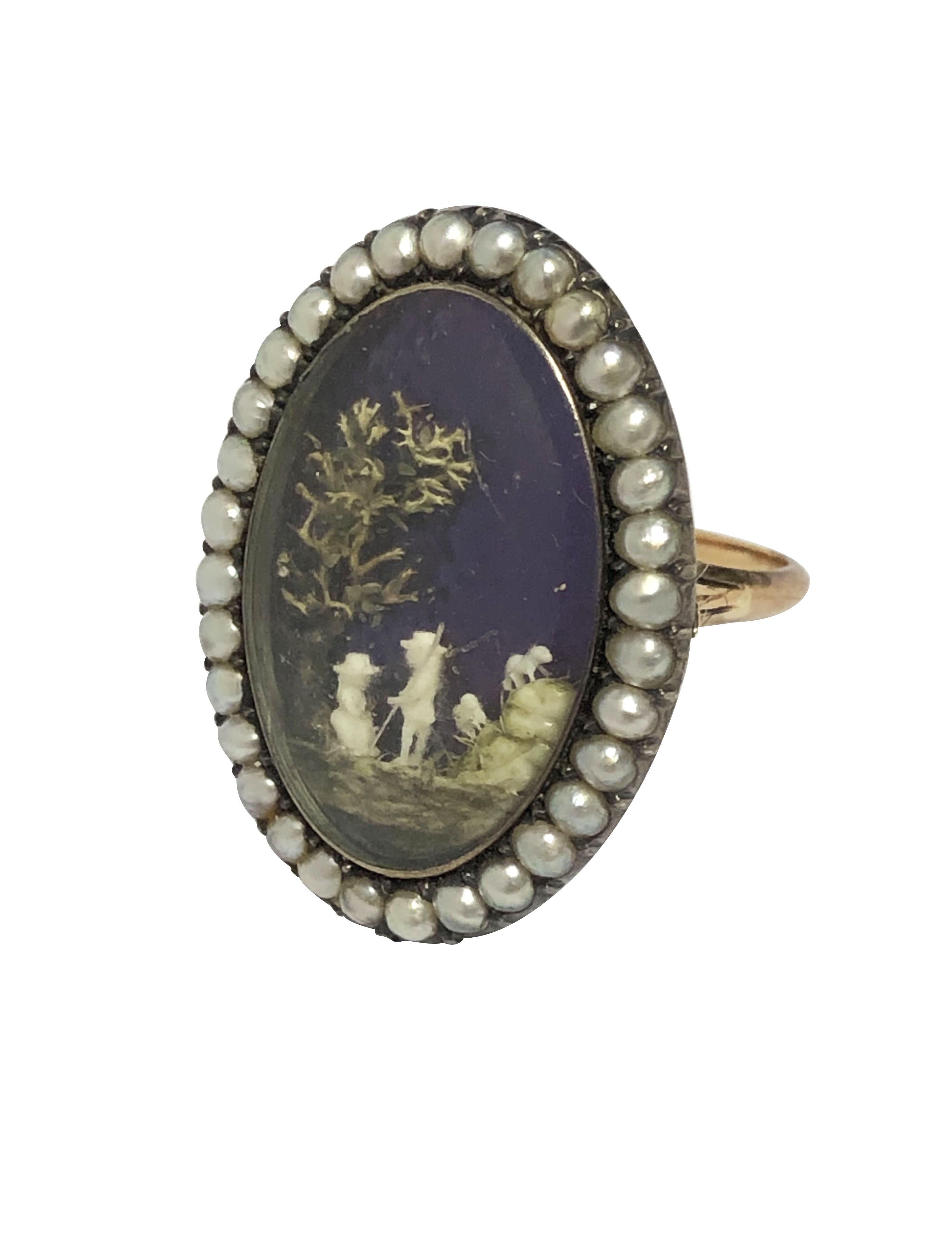 Georgiano Very Fine Antique Georgian Miniature depiction Gold and Gem set Ring in vendita
