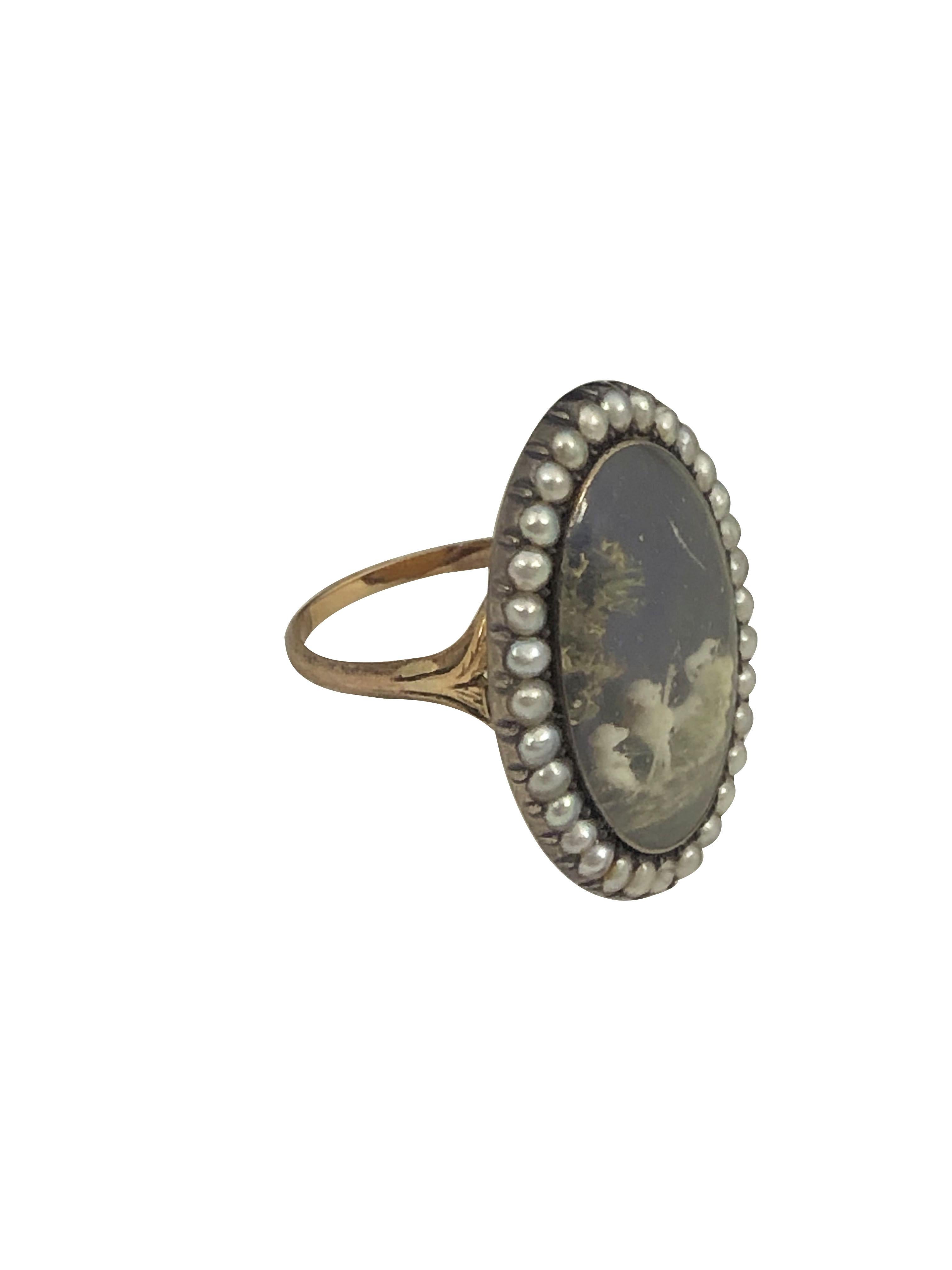 Cabochon Very Fine Antique Georgian Miniature depiction Gold and Gem set Ring in vendita