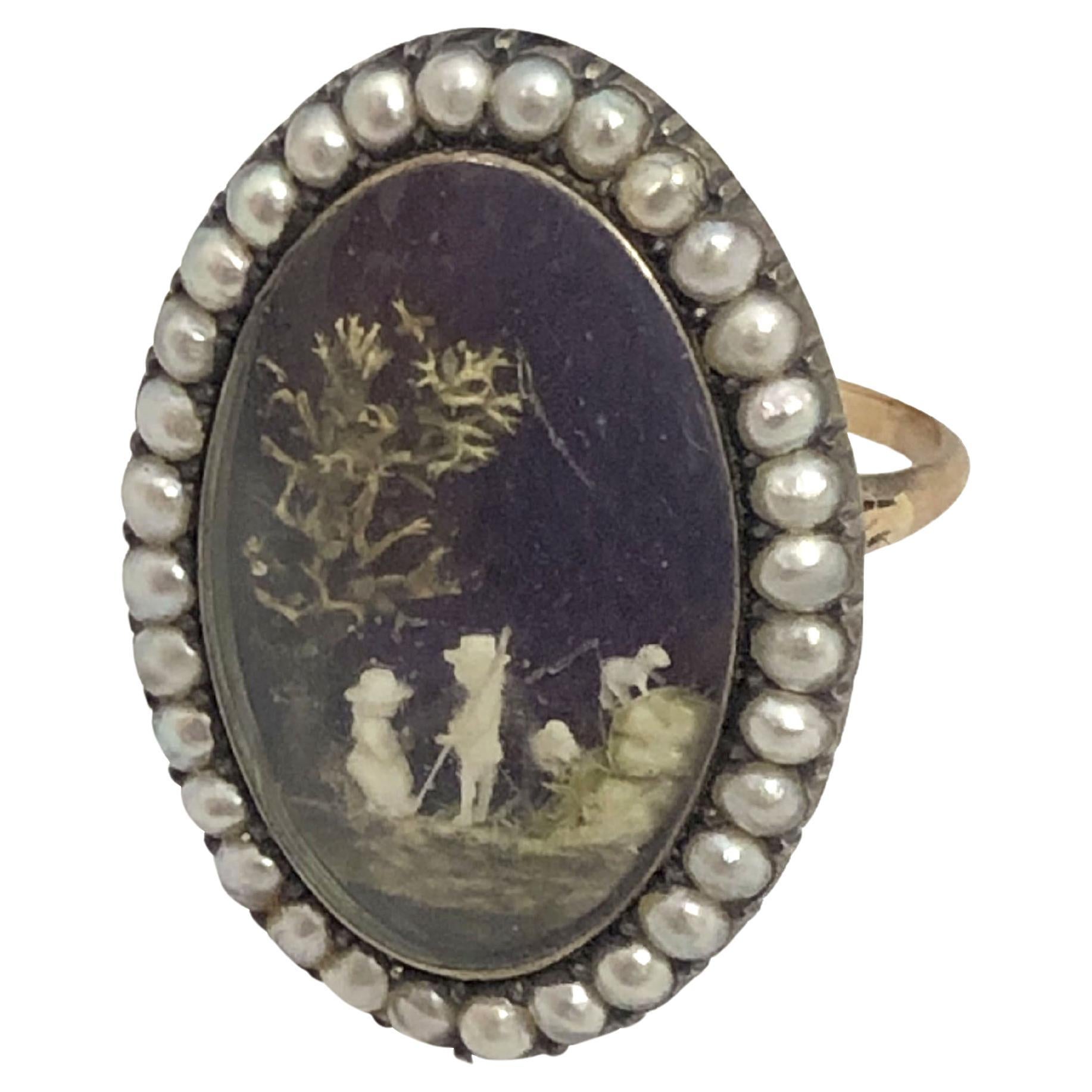 Very Fine Antique Georgian Miniature depiction Gold and Gem set Ring in vendita