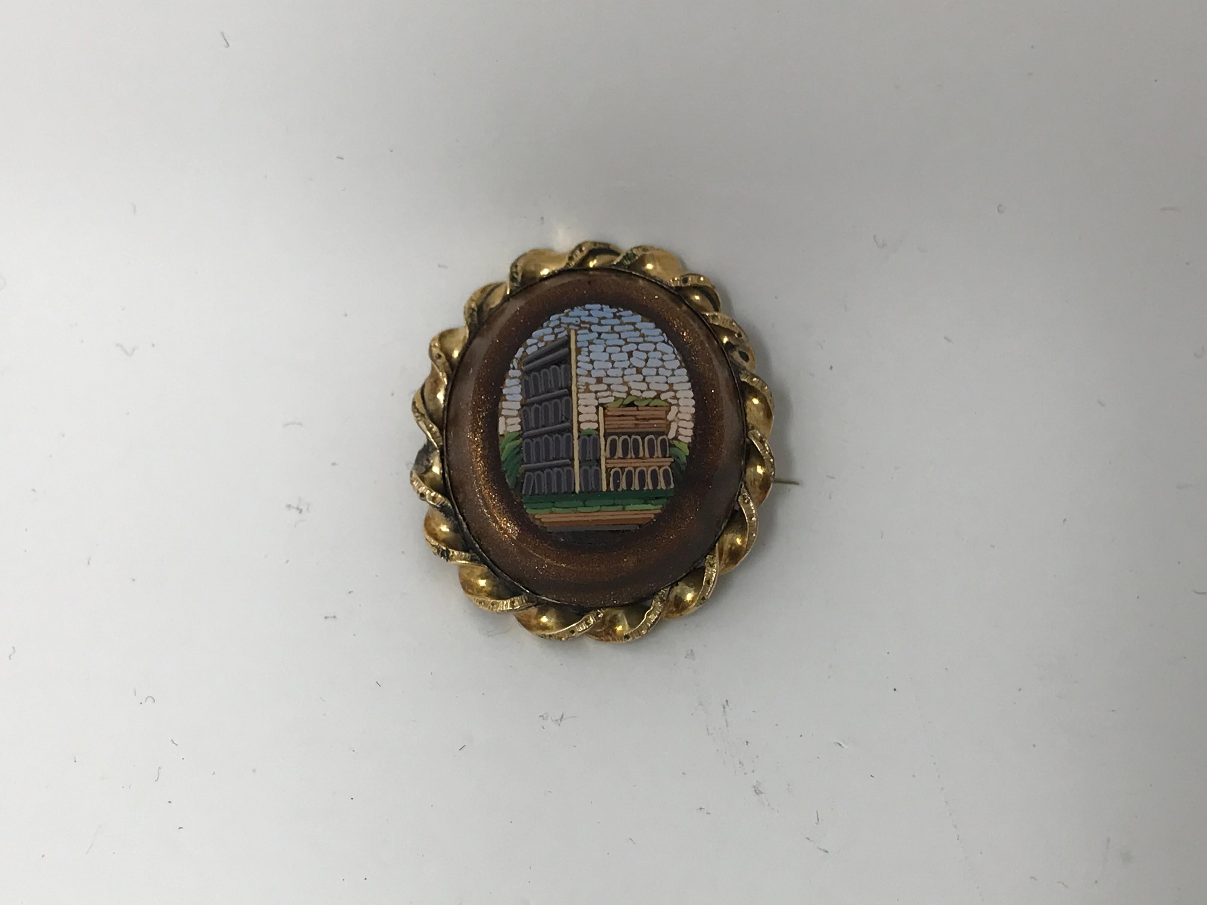 Women's or Men's Very Fine Antique Gold Plated Micro mosaic on Goldstone Brooch For Sale