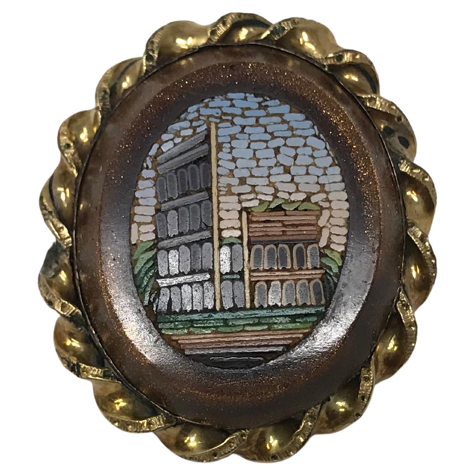 Very Fine Antique Gold Plated Micro mosaic on Goldstone Brooch For Sale