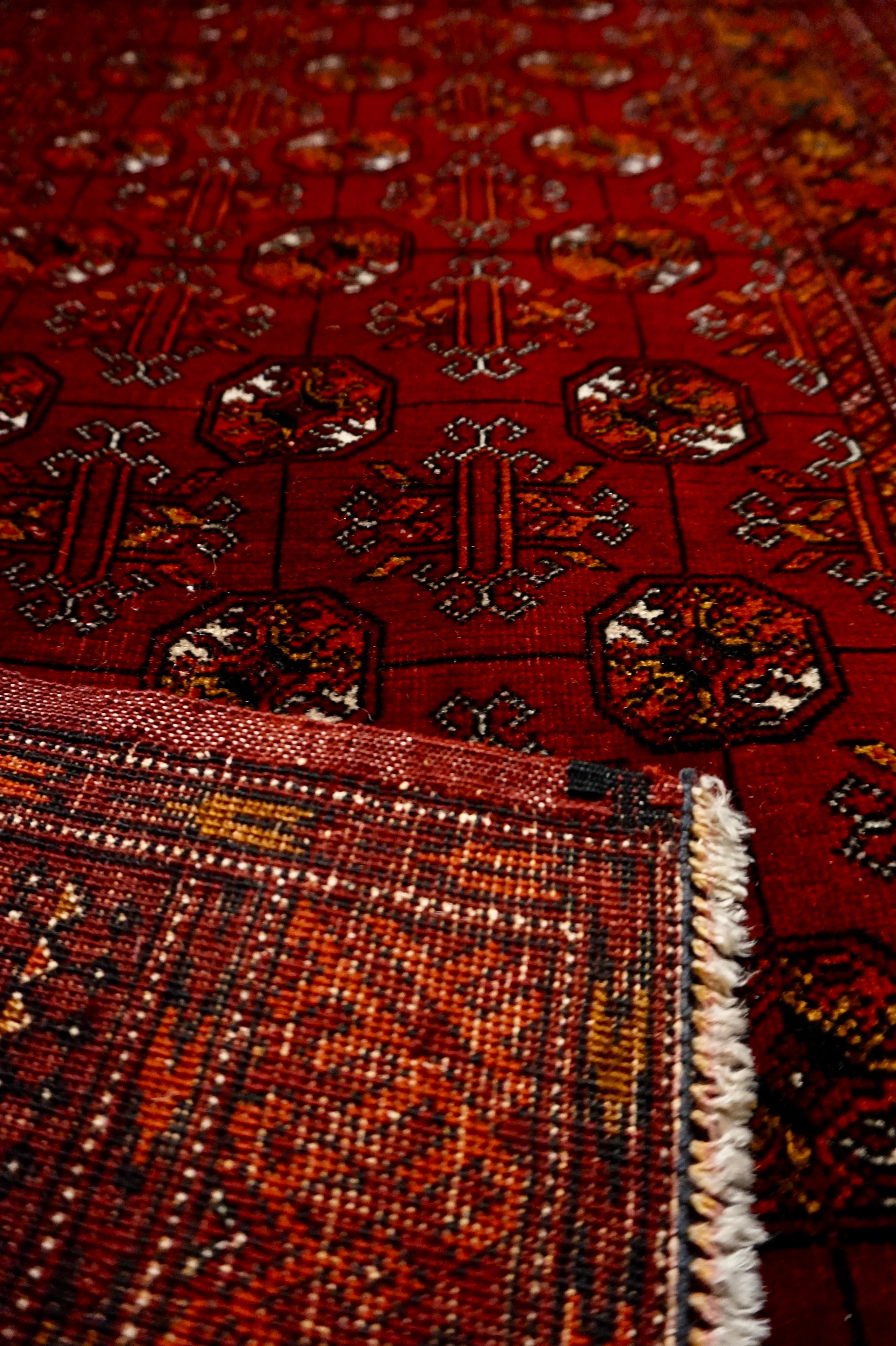 Very Fine Antique Hand Knotted Turkmen Crimson & Copper Bokhara Runner For Sale 3