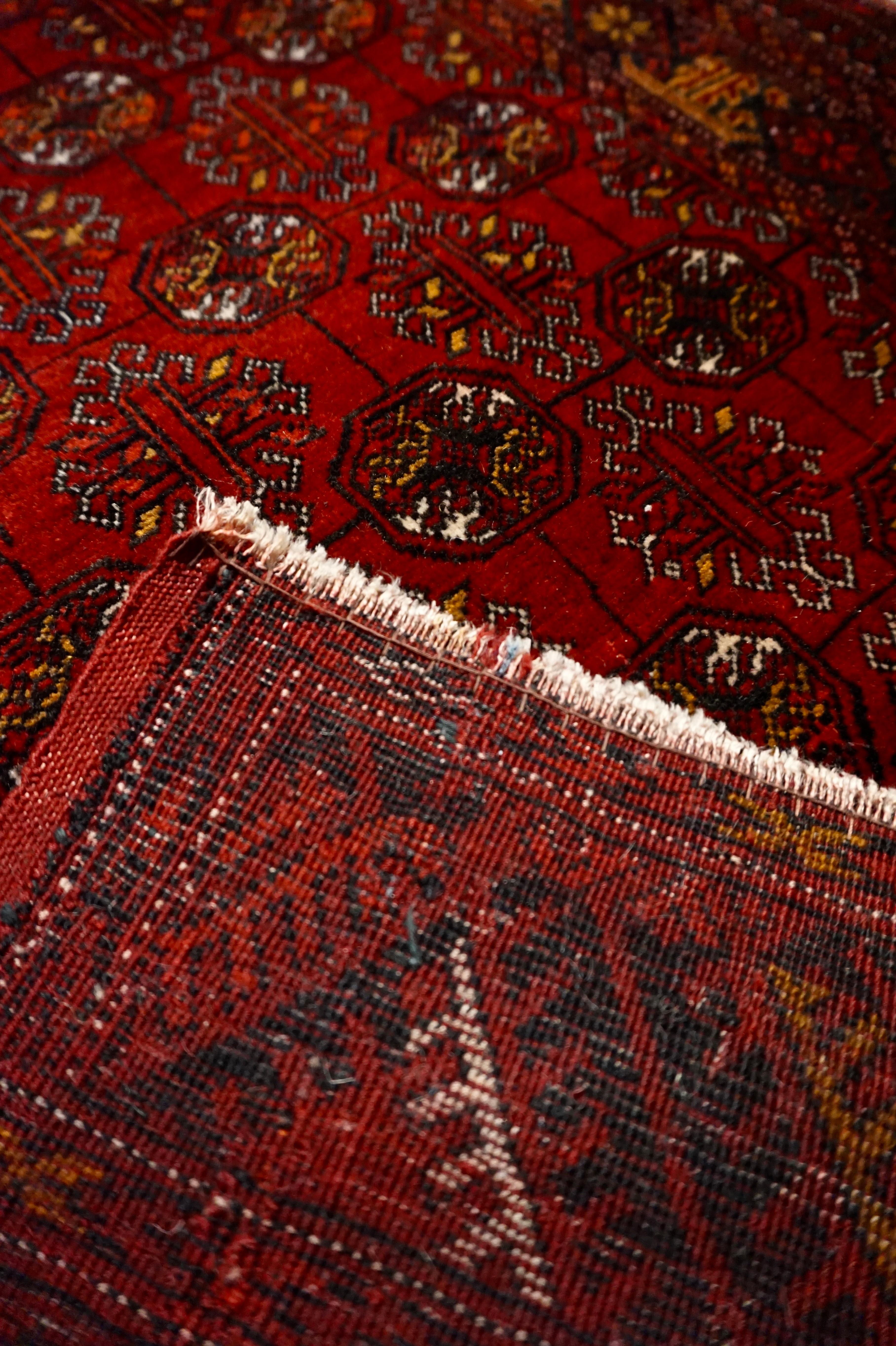 Very Fine Antique Hand Knotted Turkmen Crimson & Copper Bokhara Runner For Sale 4