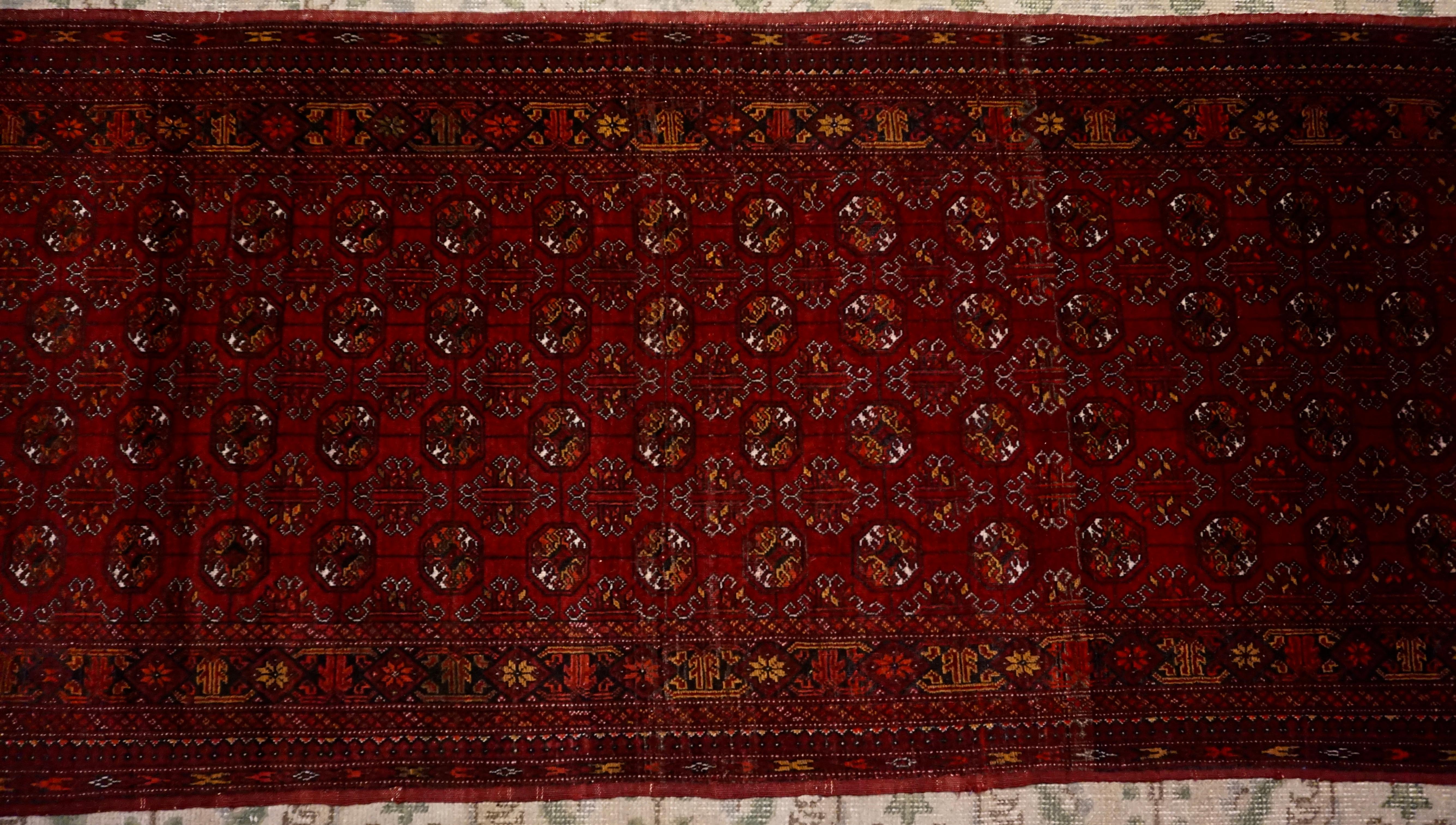 Very Fine Antique Hand Knotted Turkmen Crimson & Copper Bokhara Runner For Sale 5