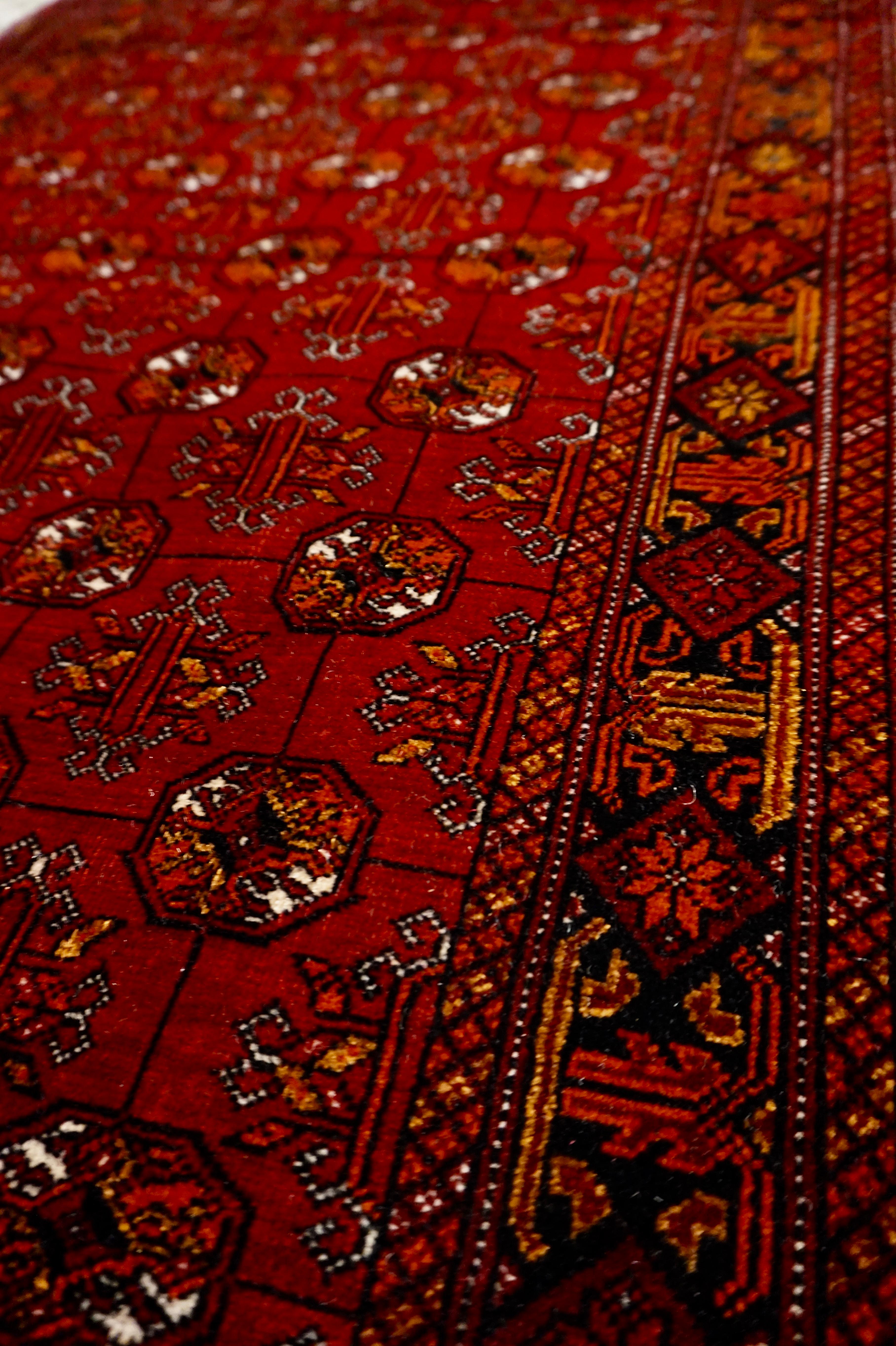 Wool Very Fine Antique Hand Knotted Turkmen Crimson & Copper Bokhara Runner For Sale