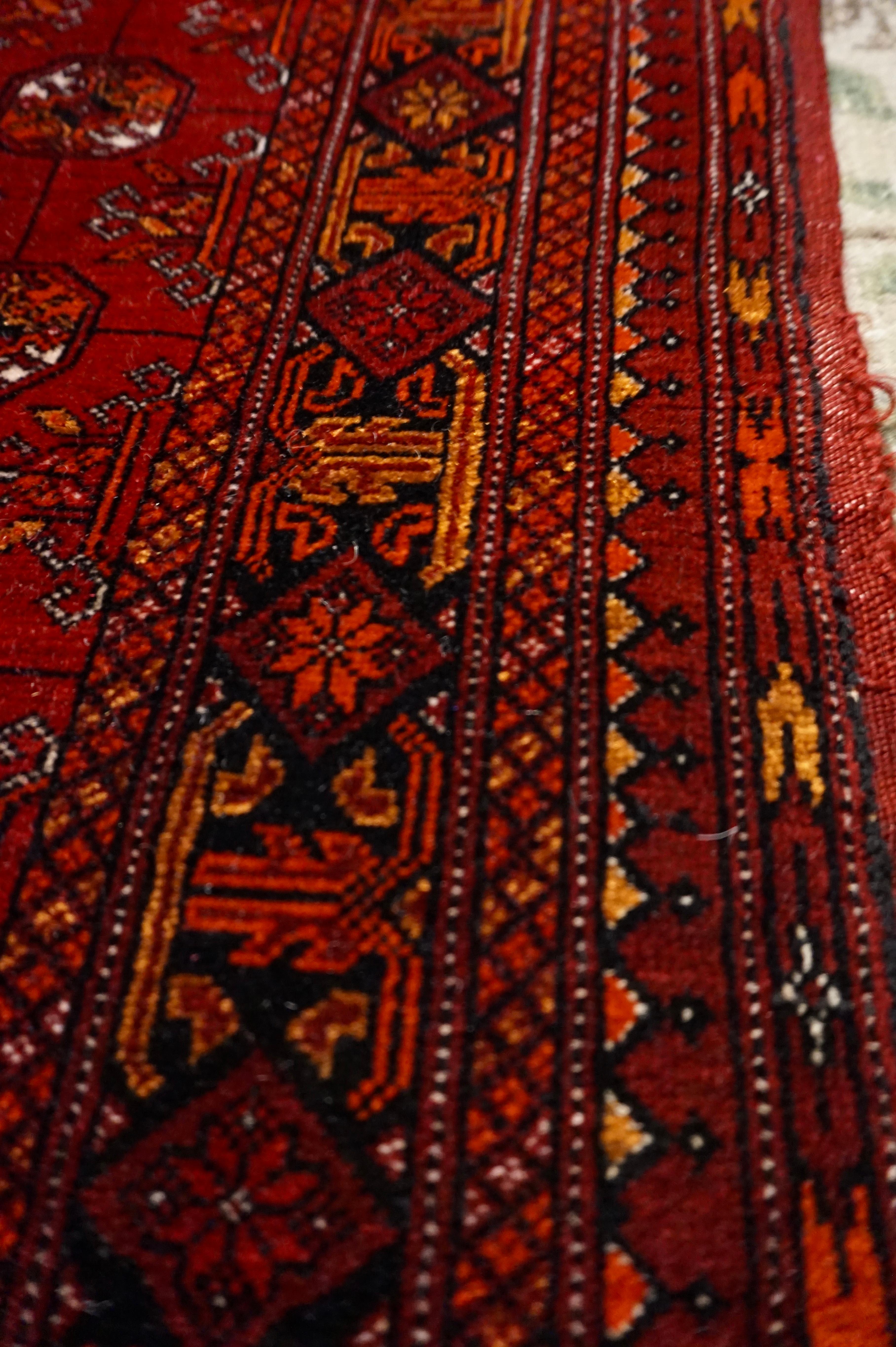 Very Fine Antique Hand Knotted Turkmen Crimson & Copper Bokhara Runner For Sale 1