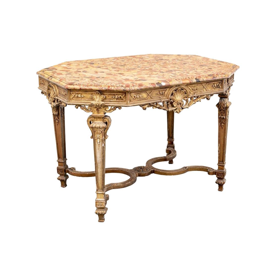 Très belle table centrale néoclassique ancienne avec plateau en marbre doré