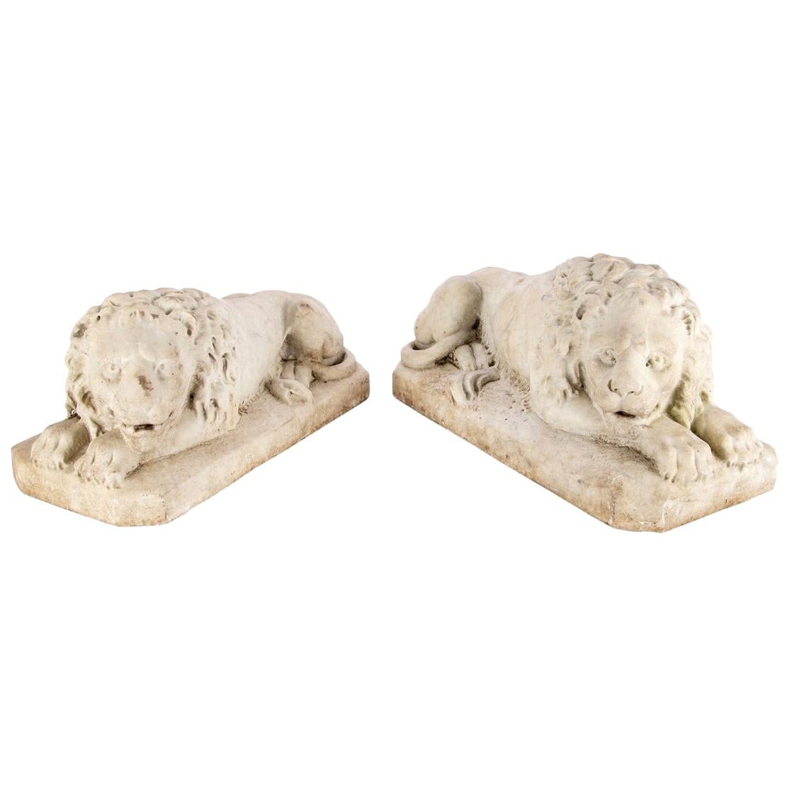 Very Fine Antique Pair of Carved Marble Lion Figures