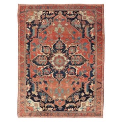 Very Fine Antique Persian Serapi Rug with Bold Geometric Medallion Design