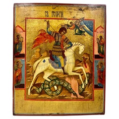 Very Fine Antique Russian Icon Saint George Slaying the Dragon, 19th Century