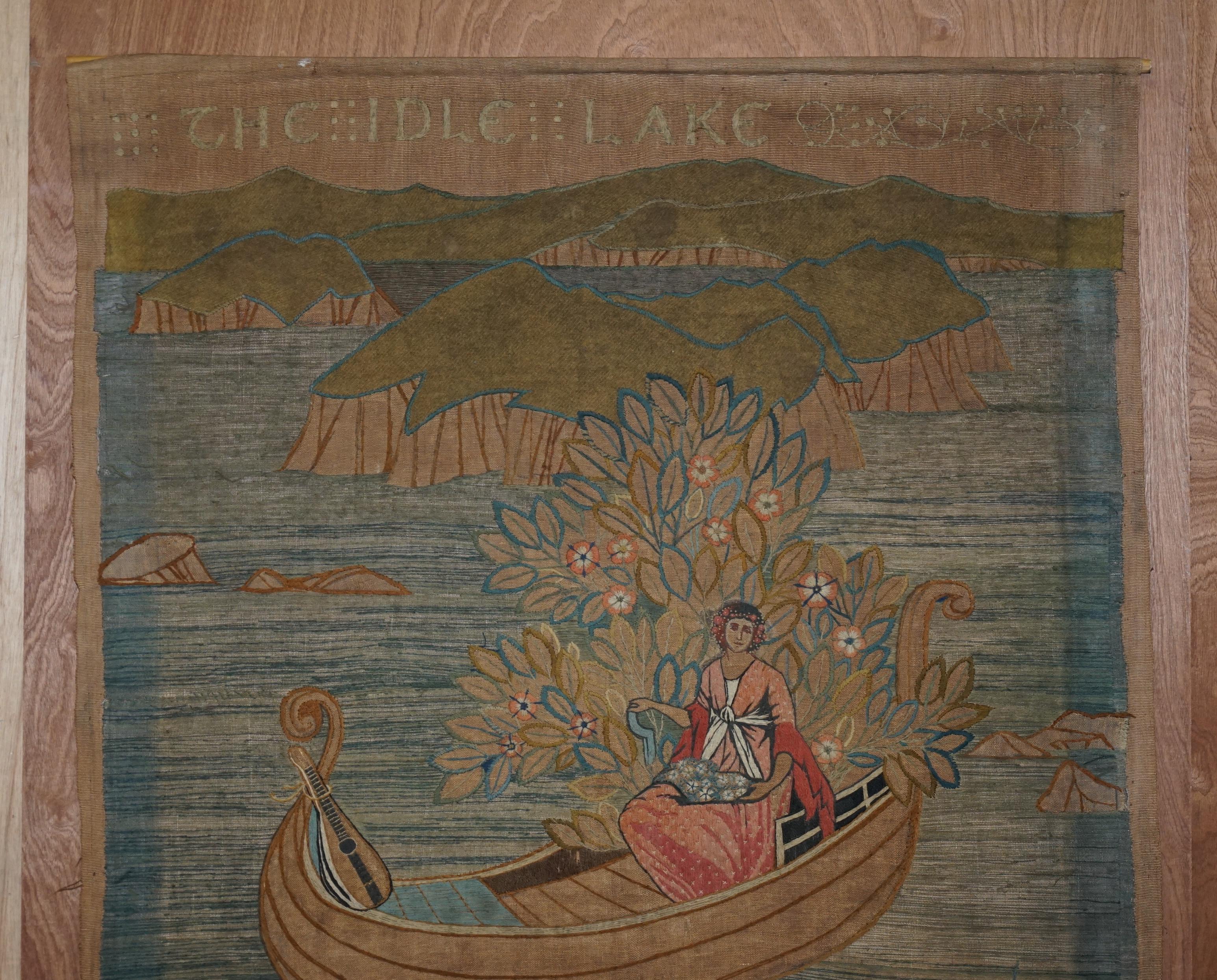 We are delighted to offer for sale this stunning Arts & Crafts circa 1850 Embroidered Tapestry of the Idle Lake depicting Phaedria the Faerir Queen in a boat with a lute

The Faerie Queene is an English epic poem by Edmund Spenser. Books I–III