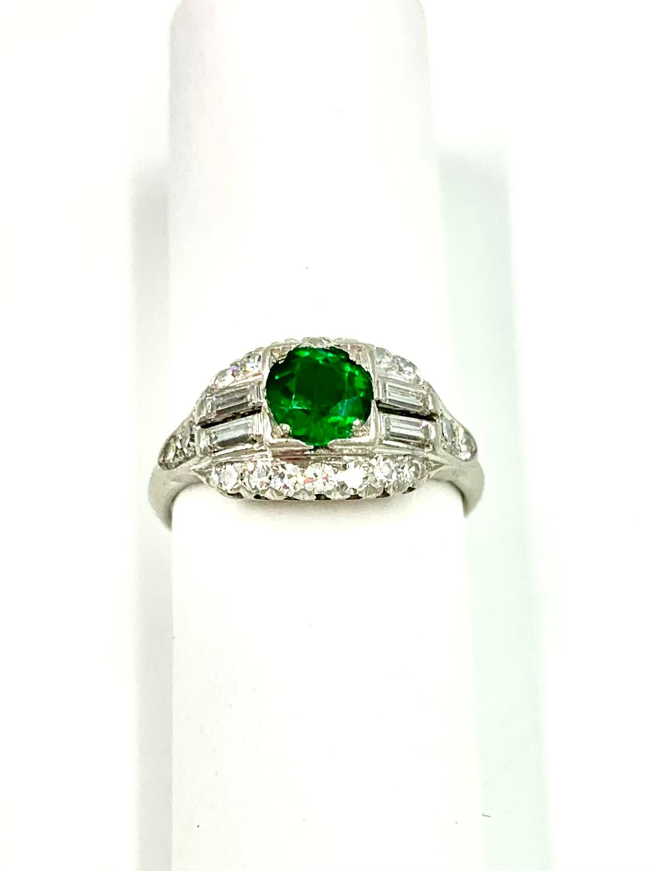 Very Fine Art Deco .80TCW Demantoid Garnet Diamond Platinum Engagement Ring For Sale 5
