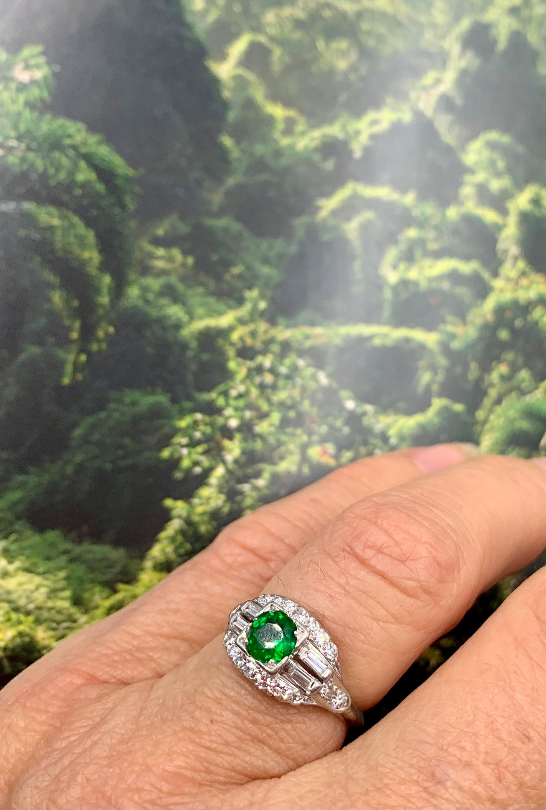 Mixed Cut Very Fine Art Deco .80TCW Demantoid Garnet Diamond Platinum Engagement Ring For Sale