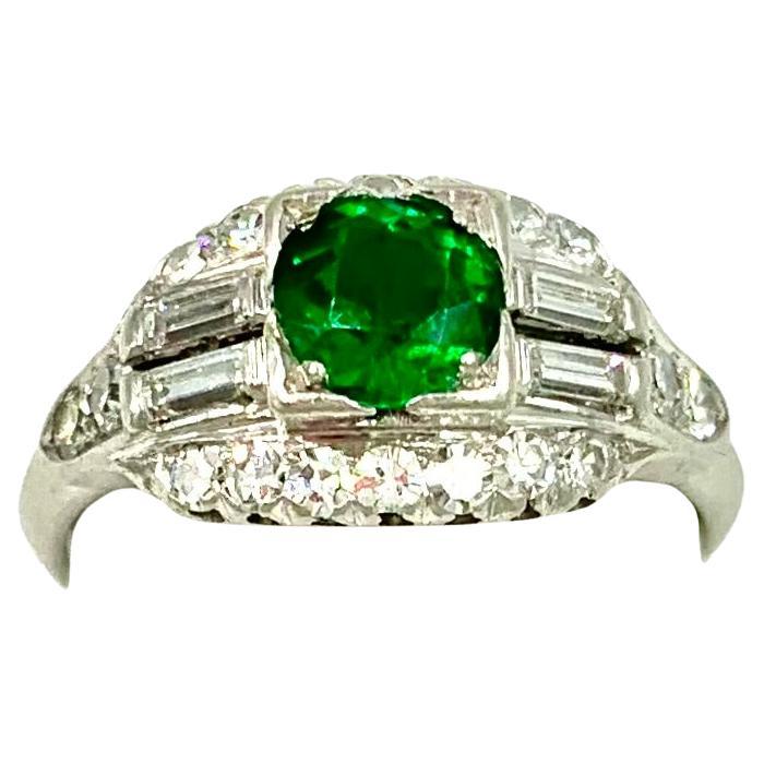 Very Fine Art Deco .80TCW Demantoid Garnet Diamond Platinum Engagement Ring For Sale