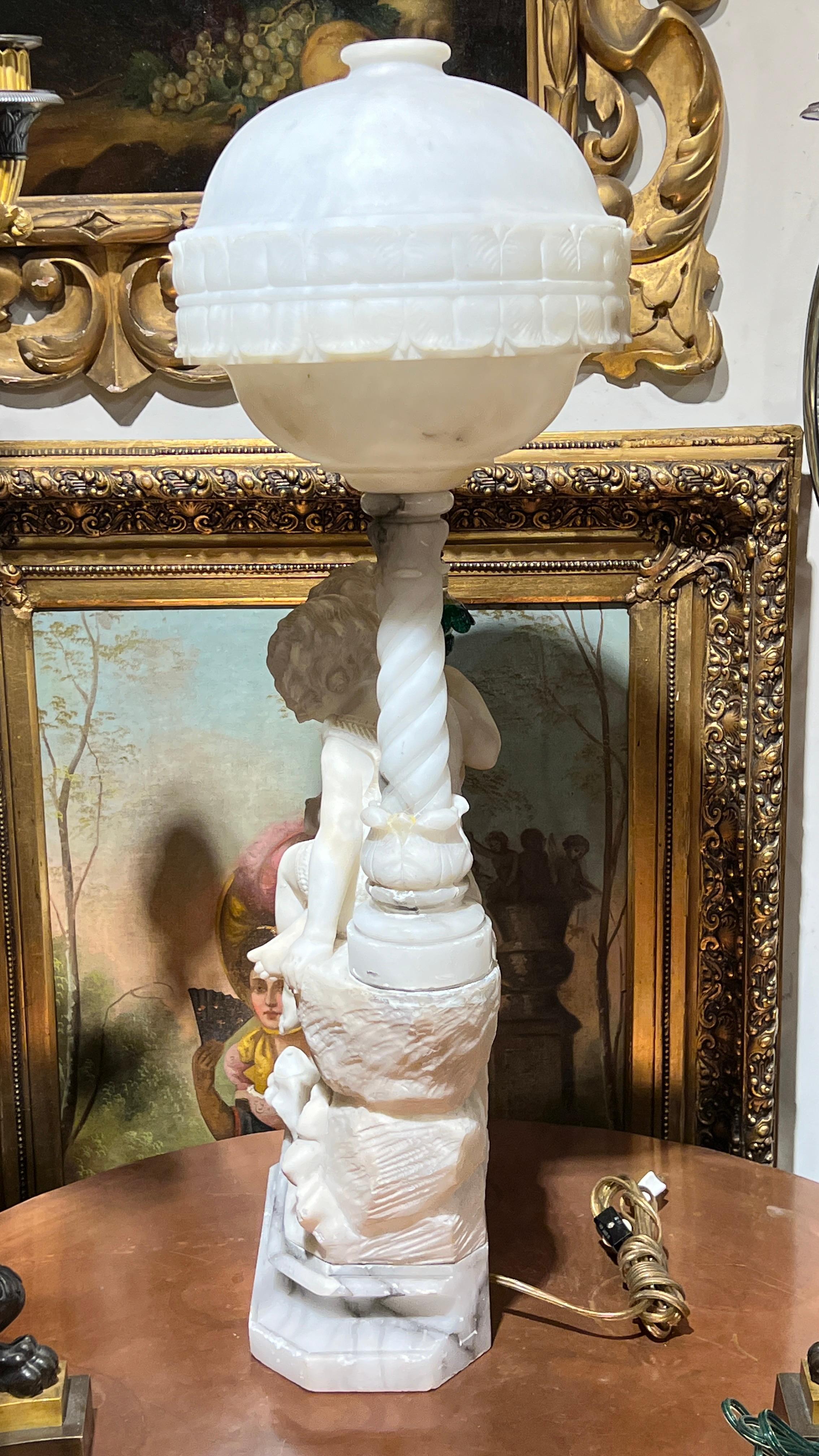 Very fine Art Deco  Italian Alabaster Carved Figurative Lamp by Gaspar Mascagni For Sale 12
