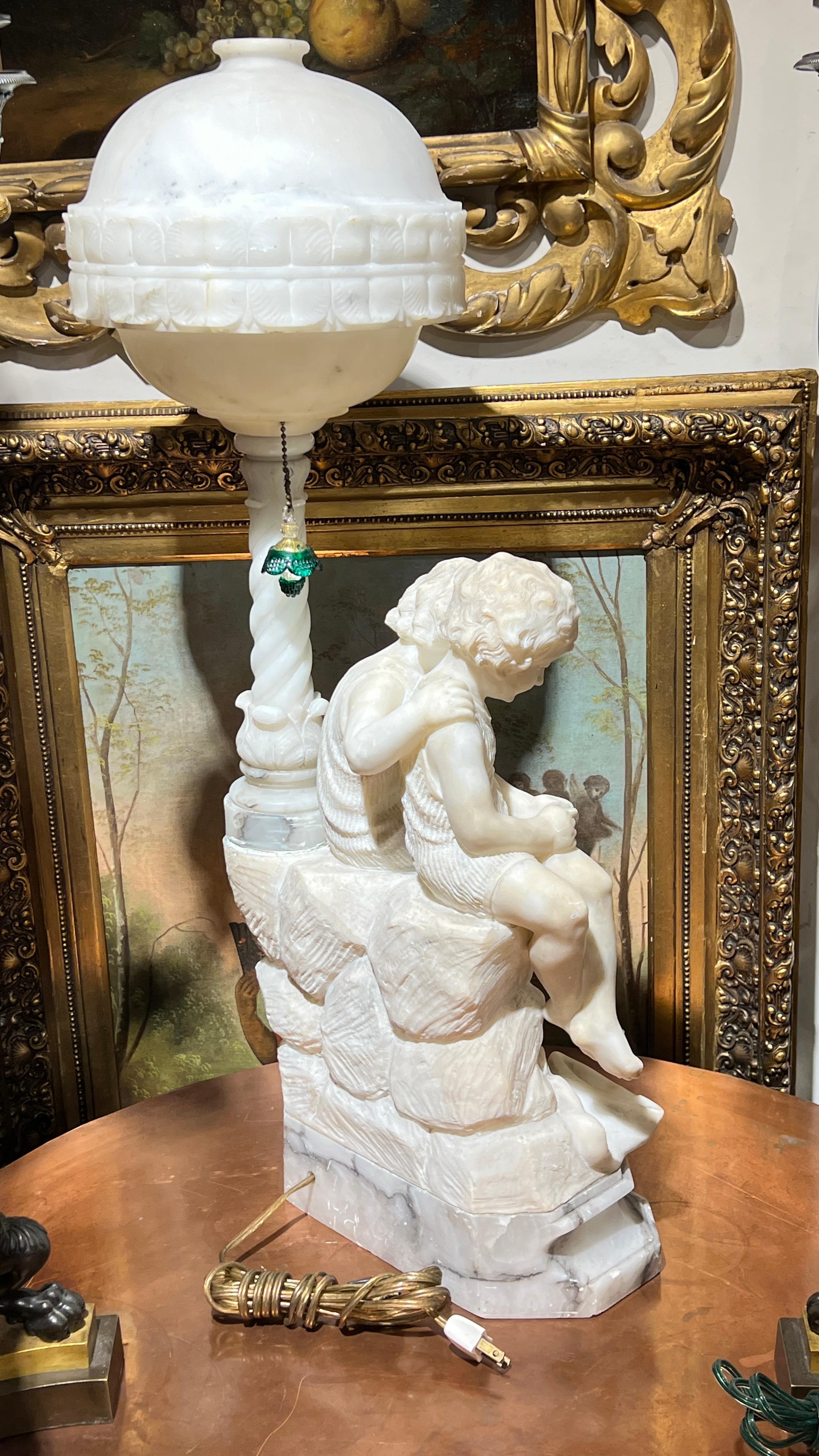 Very fine Art Deco  Italian Alabaster Carved Figurative Lamp by Gaspar Mascagni 1