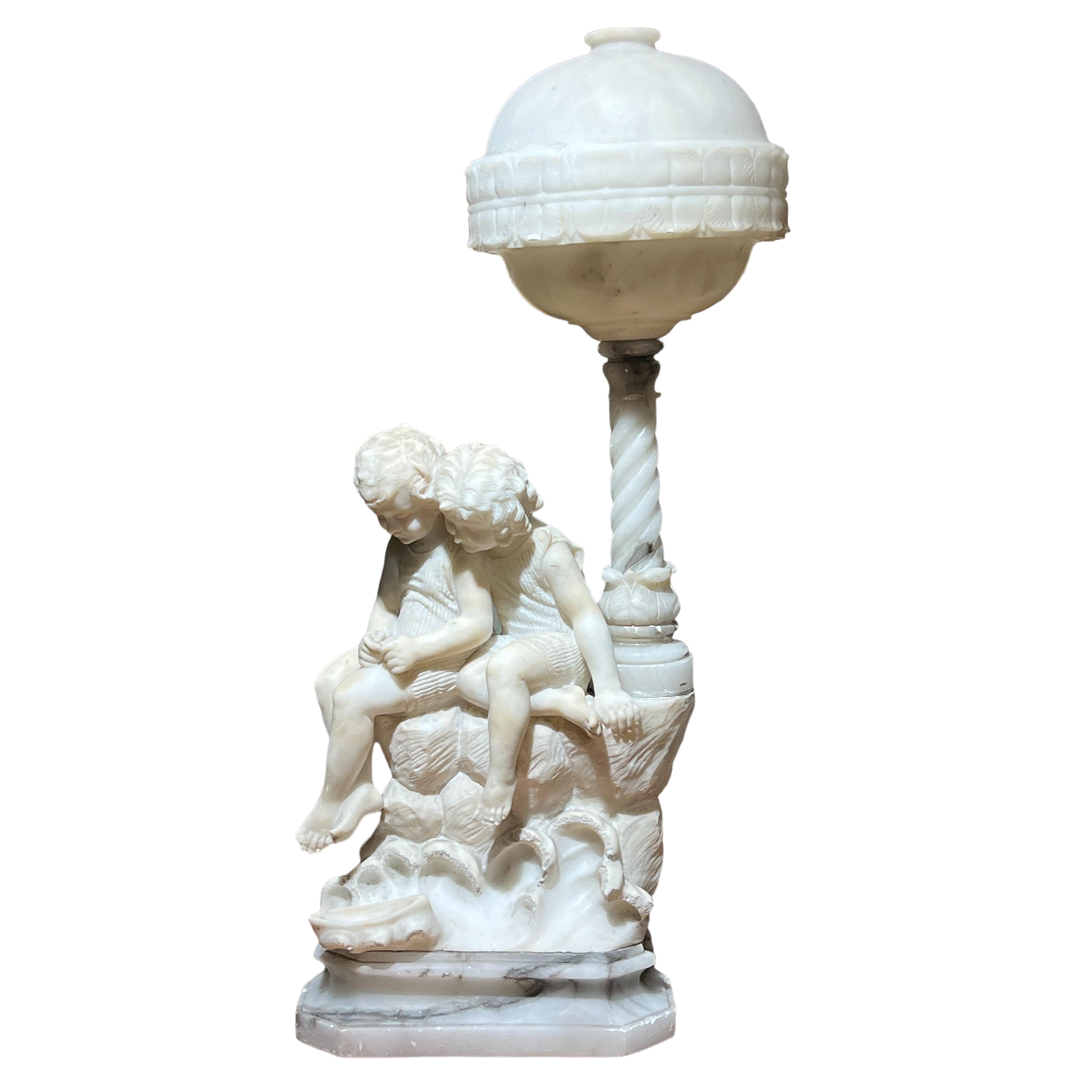 Très belle art déco  Lampe figurative italienne sculptée en albâtre de Gaspar Mascagni en vente