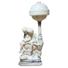 Antique Very fine Art Deco  Italian Alabaster Carved Figurative Lamp by Gaspar Mascagni