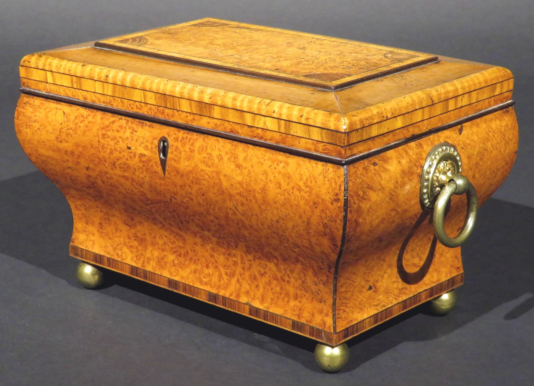 German Very Fine Biedermeier Period Tea Caddy of Bombe Form in Exotic Woods, circa 1830 For Sale