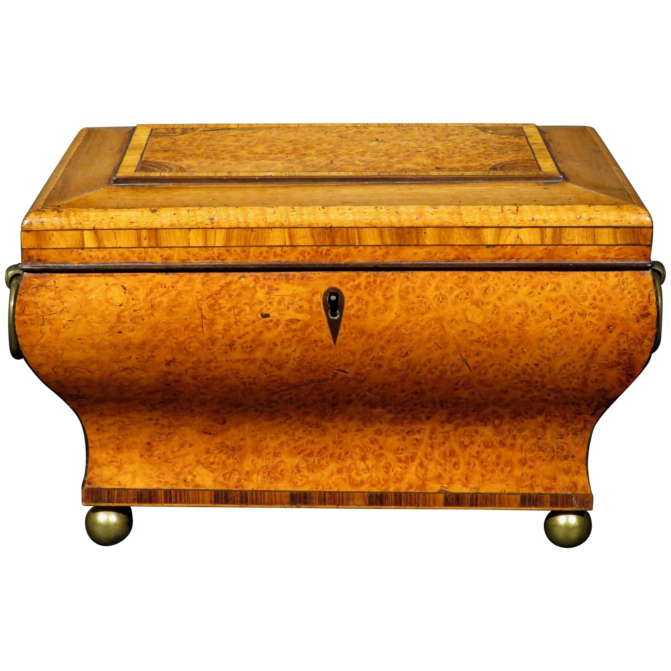 A very fine and visually striking Biedermeier Period tea caddy of exceptional quality, demonstrating a highly elevated form and a most complex application of exotic woods. The hinged lid showing a raised central lozenge in burr yew wood, inset with