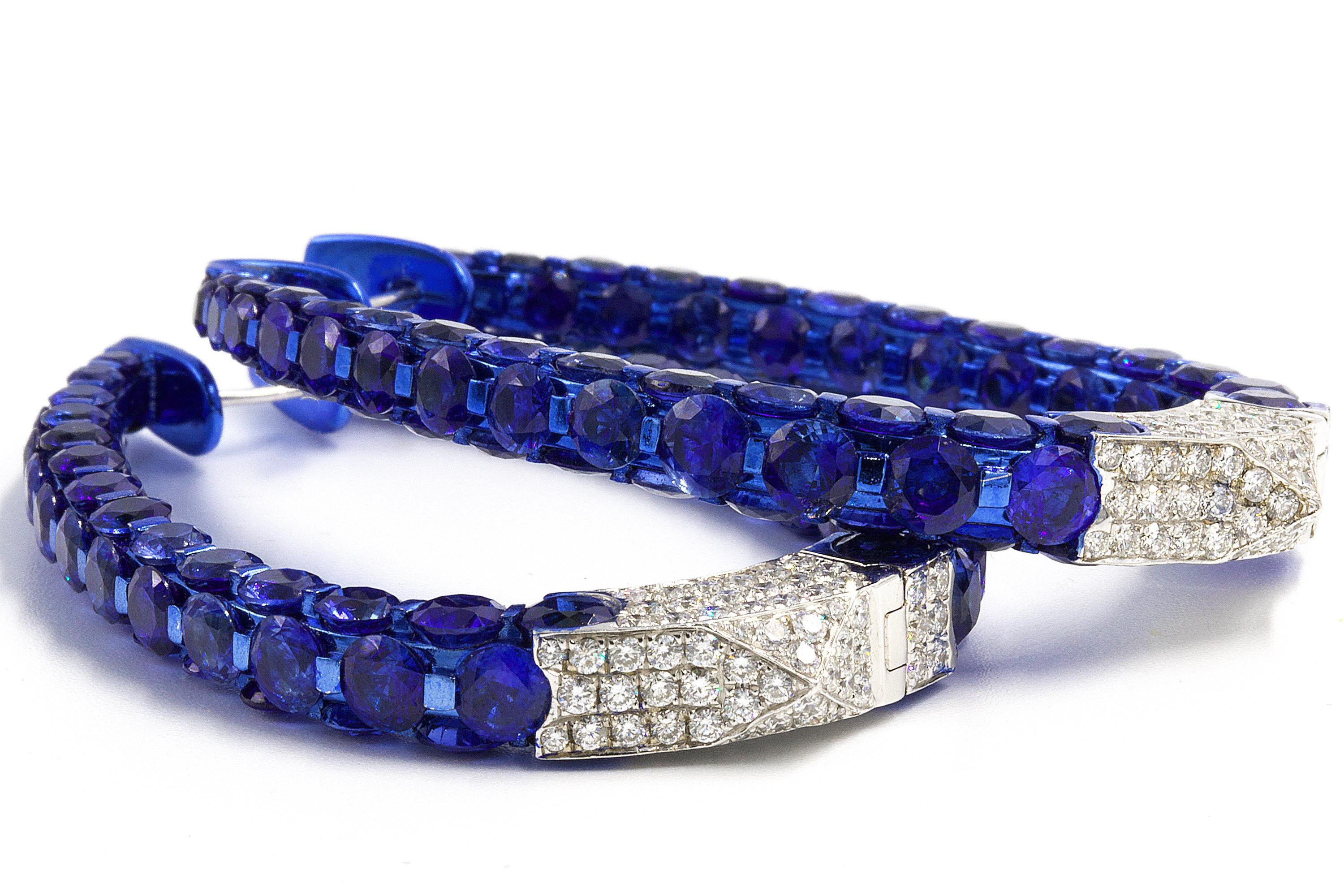Modern Very Fine Blue Sapphires Diamond Hoop Earrings