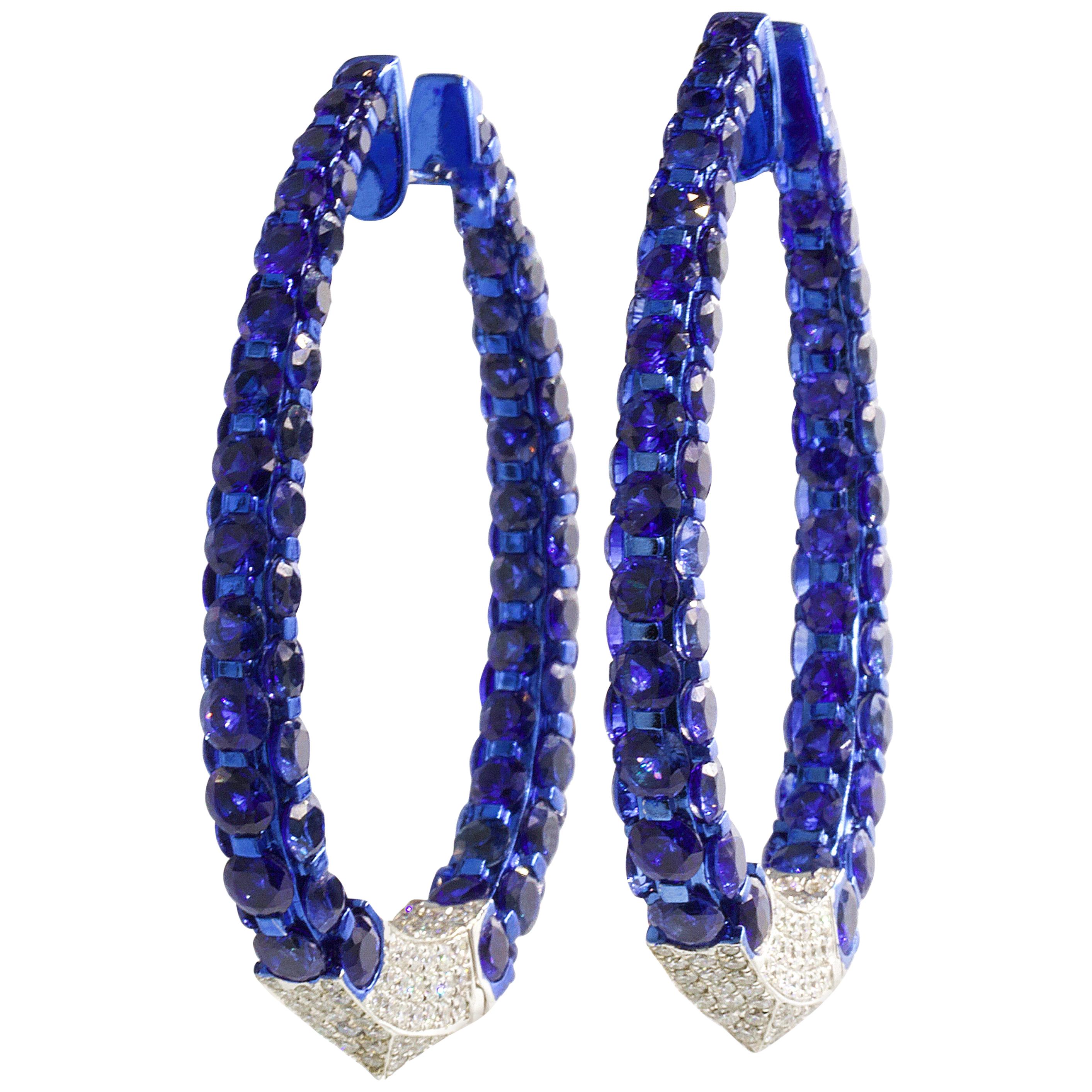 Very Fine Blue Sapphires Diamond Hoop Earrings