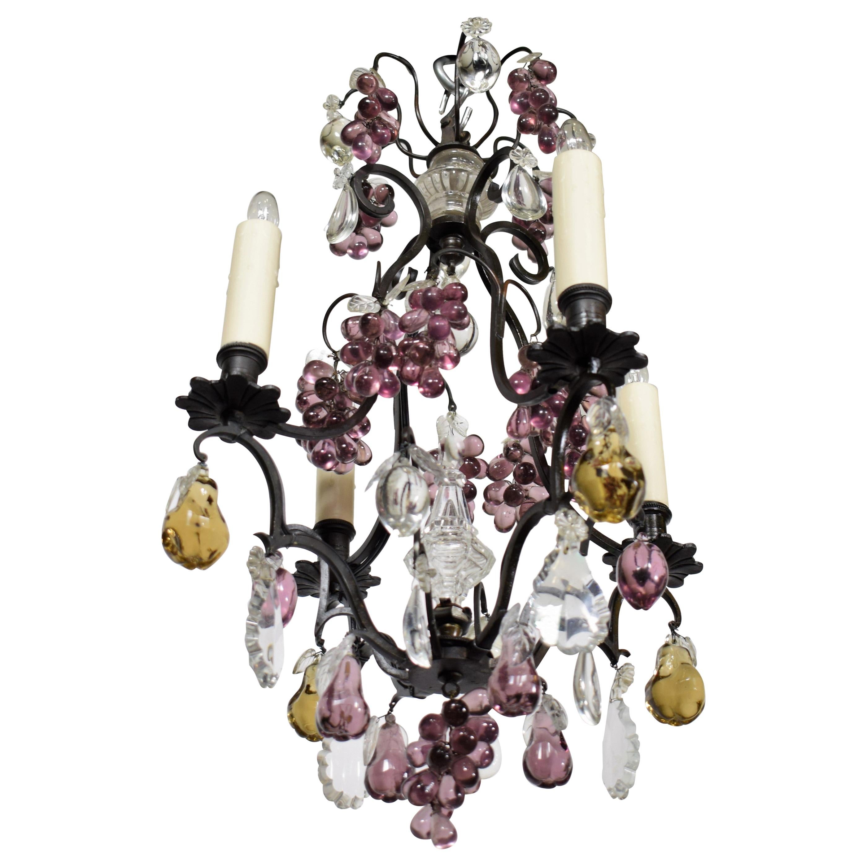 Very Fine Bronze "Cage" Louis XV Style Chandelier with Colored Pendalogues For Sale