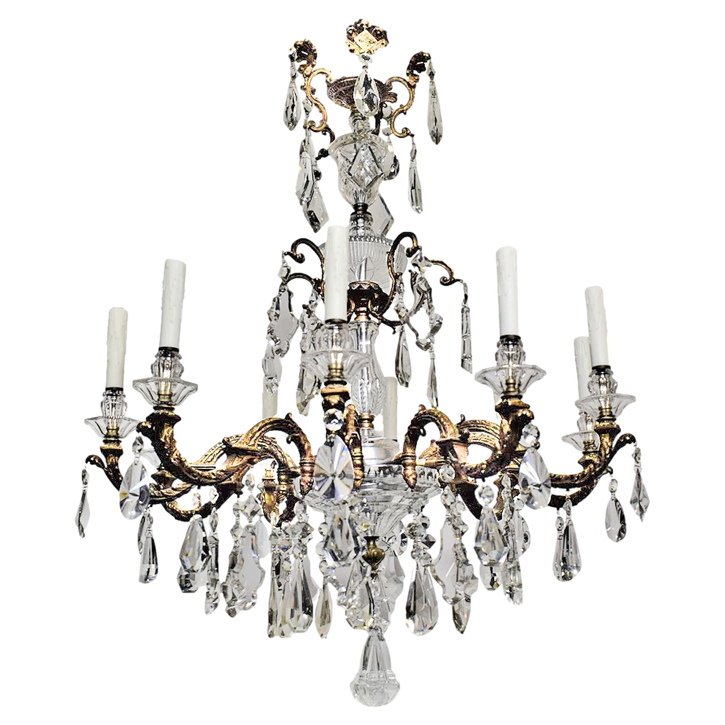 Very Fine Bronze & Crystal Chandelier Featuring Hand Cut Crystal Pendalogues For Sale
