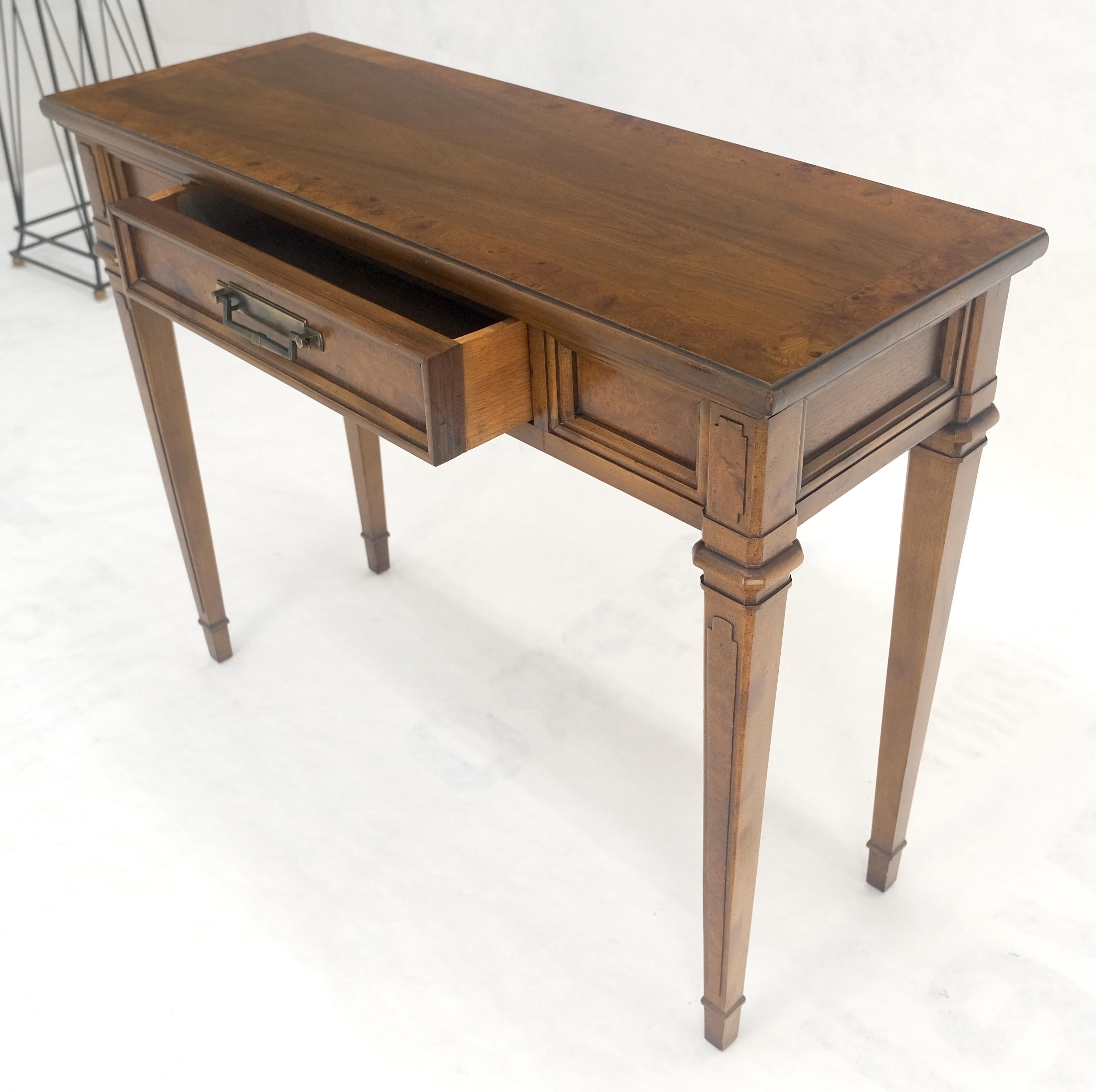 Brass Very Fine Burl Wood  Compact One Drawer Tapered Legs 36