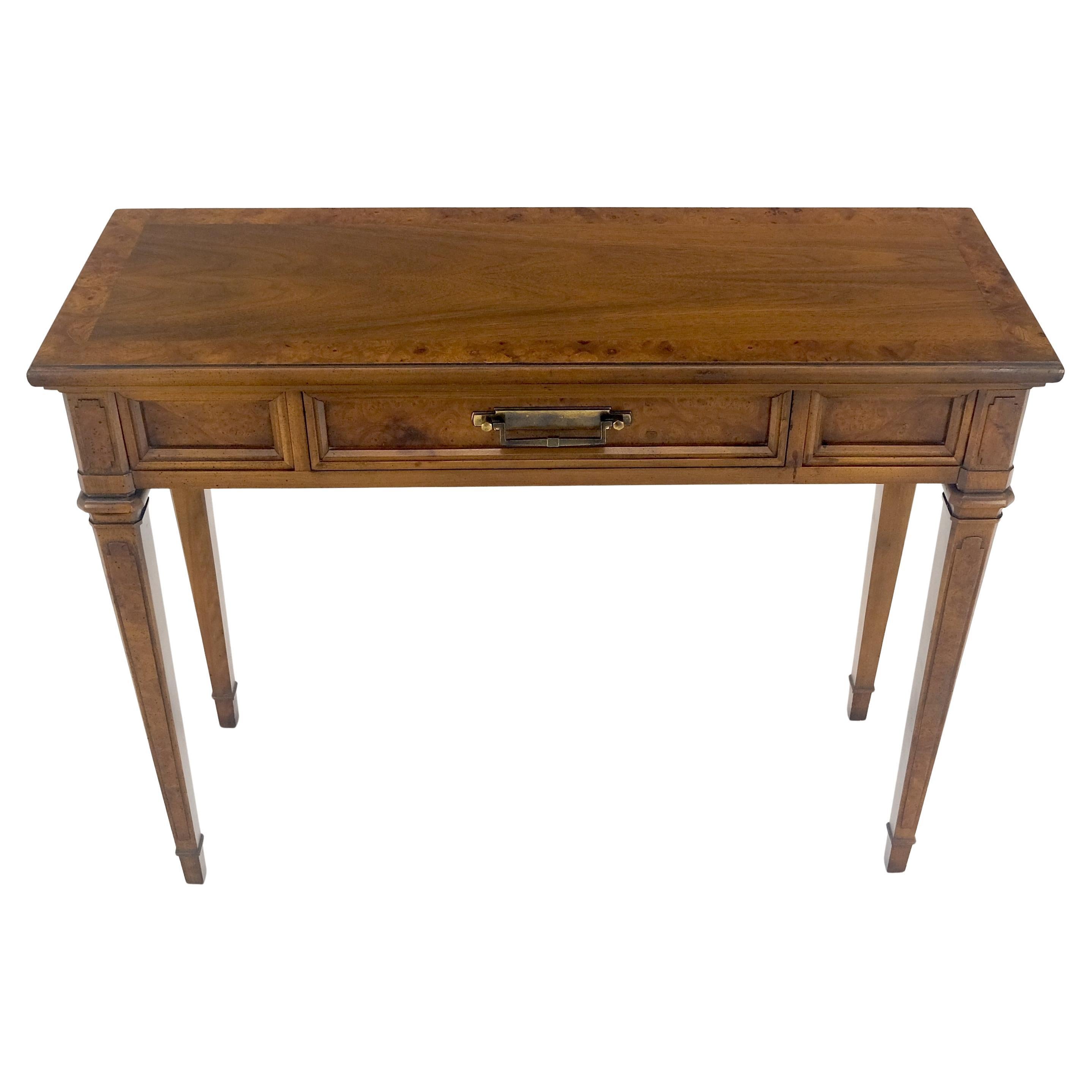 Very Fine Burl Wood  Compact One Drawer Tapered Legs 36" Wide Console Table MINT For Sale
