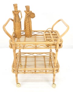 Very Fine c1950s Bent Bamboo Serving Cart on Wheels w/ Bottle Cases Holders MINT