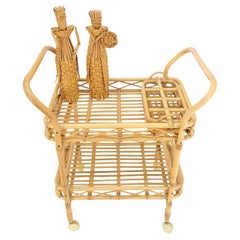 Very Fine c1950s Bent Bamboo Serving Cart on Wheels w/ Bottle Cases Holders MINT