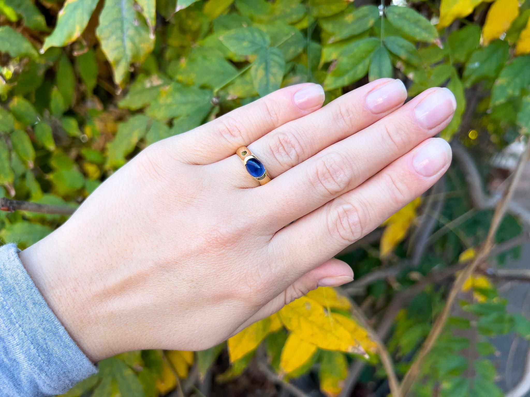 Very Fine Sapphire = 1.20 Carat
(Cut: Cabochon, Color: Blue, Origin: Natural)
Made in France
Metal = 18K Yellow Gold
Ring Size = 6.25