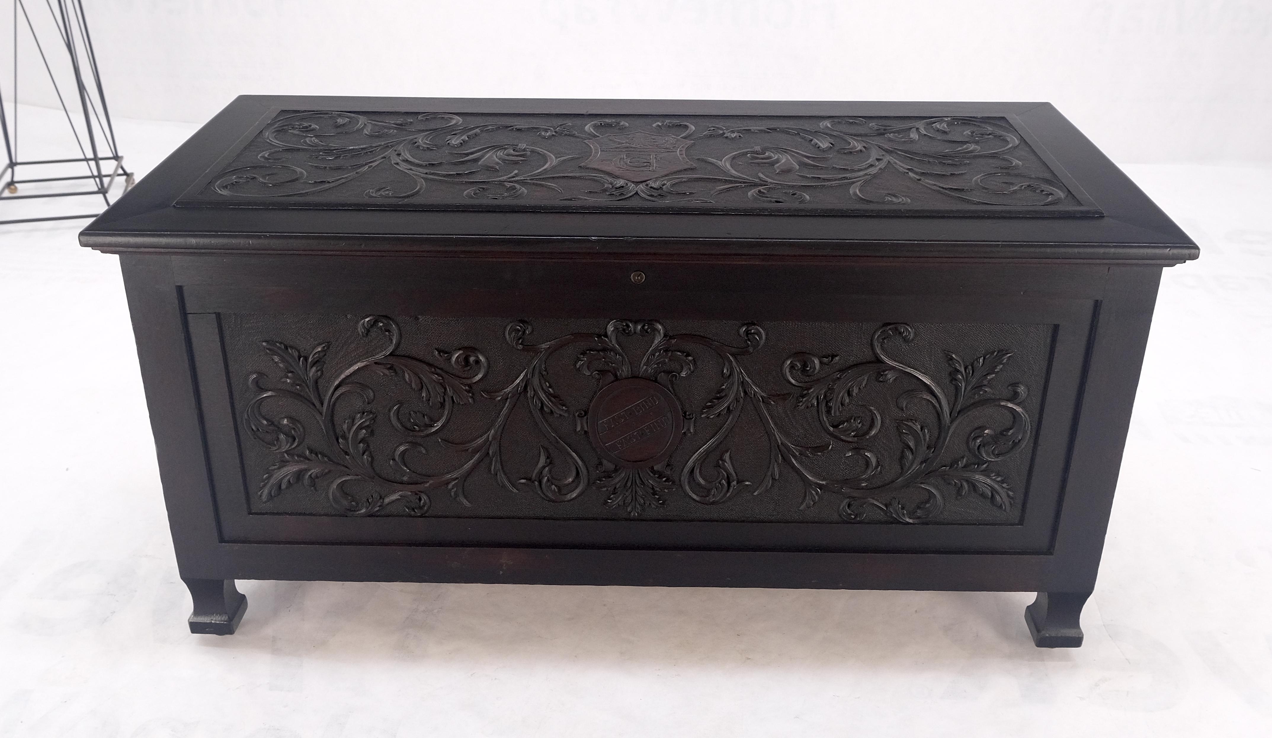 Very Fine Carved Ebonized Mahogany Trunk Hope Chest Dated 1903 Super Clean MINT! For Sale 3