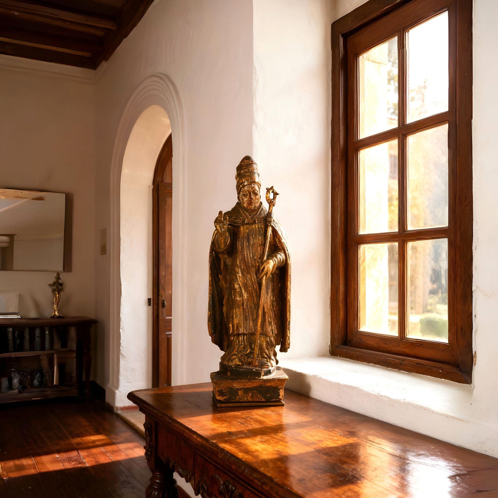 FIGURE D'UN SAINT ÉVÊQUE, PEUT-ÊTRE ST. AUGUSTIN D'HIPPONE

Probablement espagnol ou italien du sud, vers la fin du XVIIe siècle
Bois sculpté, doré et polychromé

18 3/4