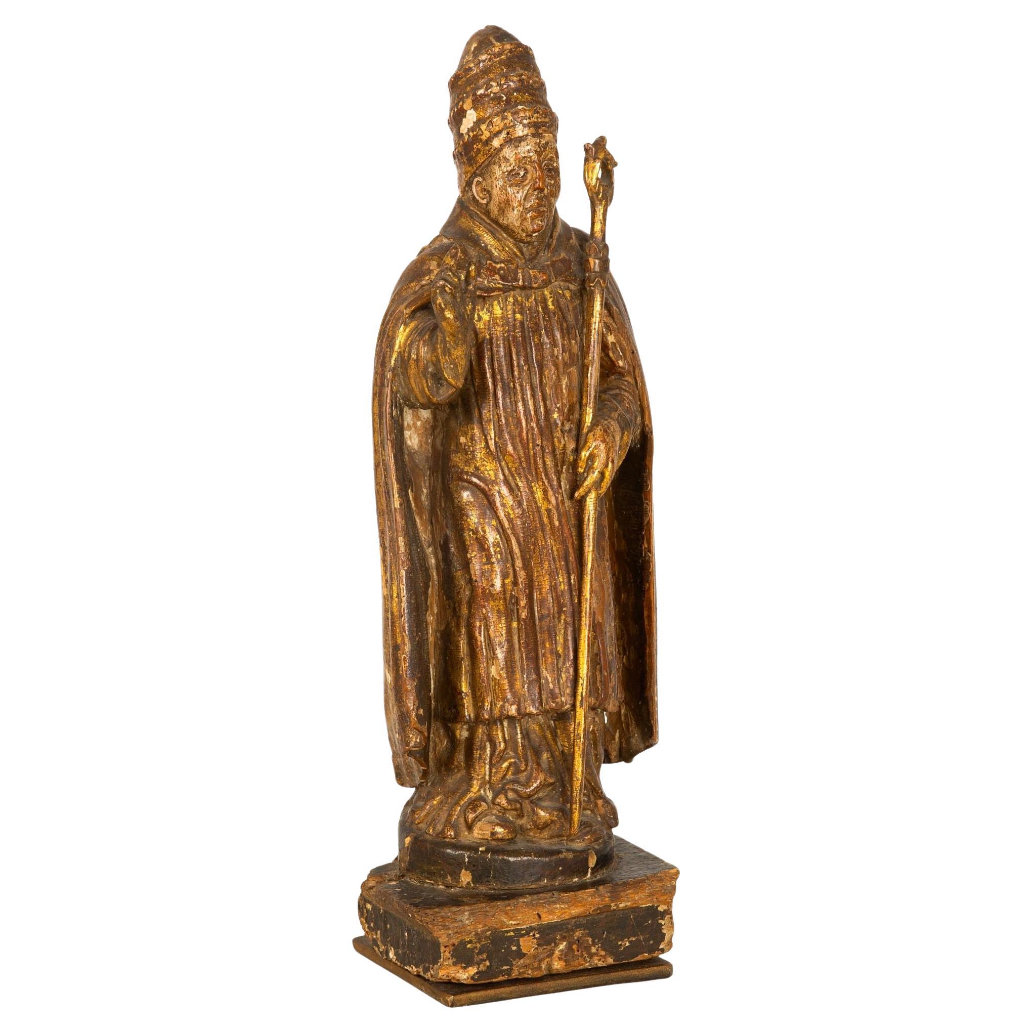 Very Fine Carved Polychromed Figure of a Bishop Saint, circa 17th Century