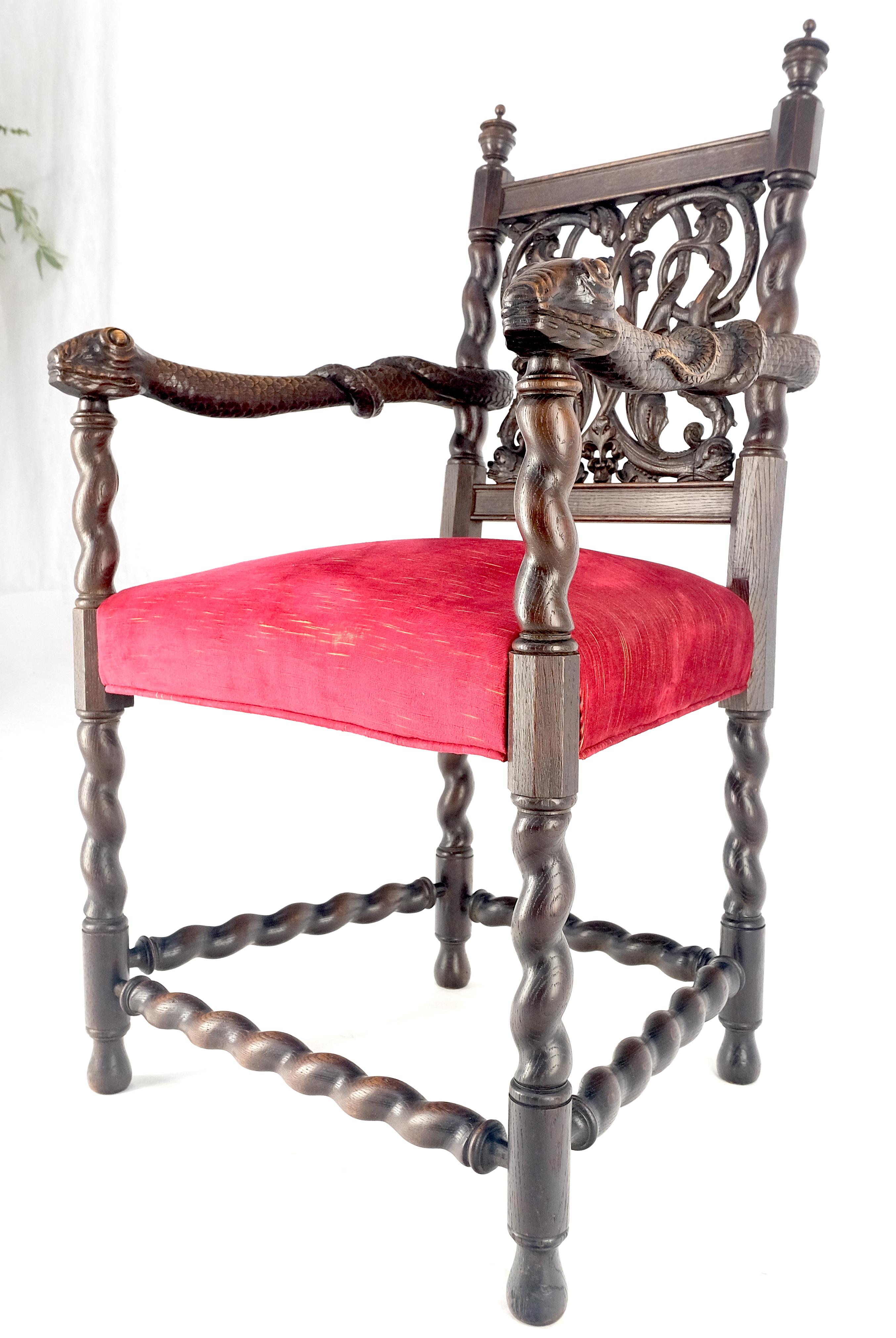 Very Fine Carved Snakes Arms Twisted Legs Finials Antique Gothic  Arm Chair MINT For Sale 4