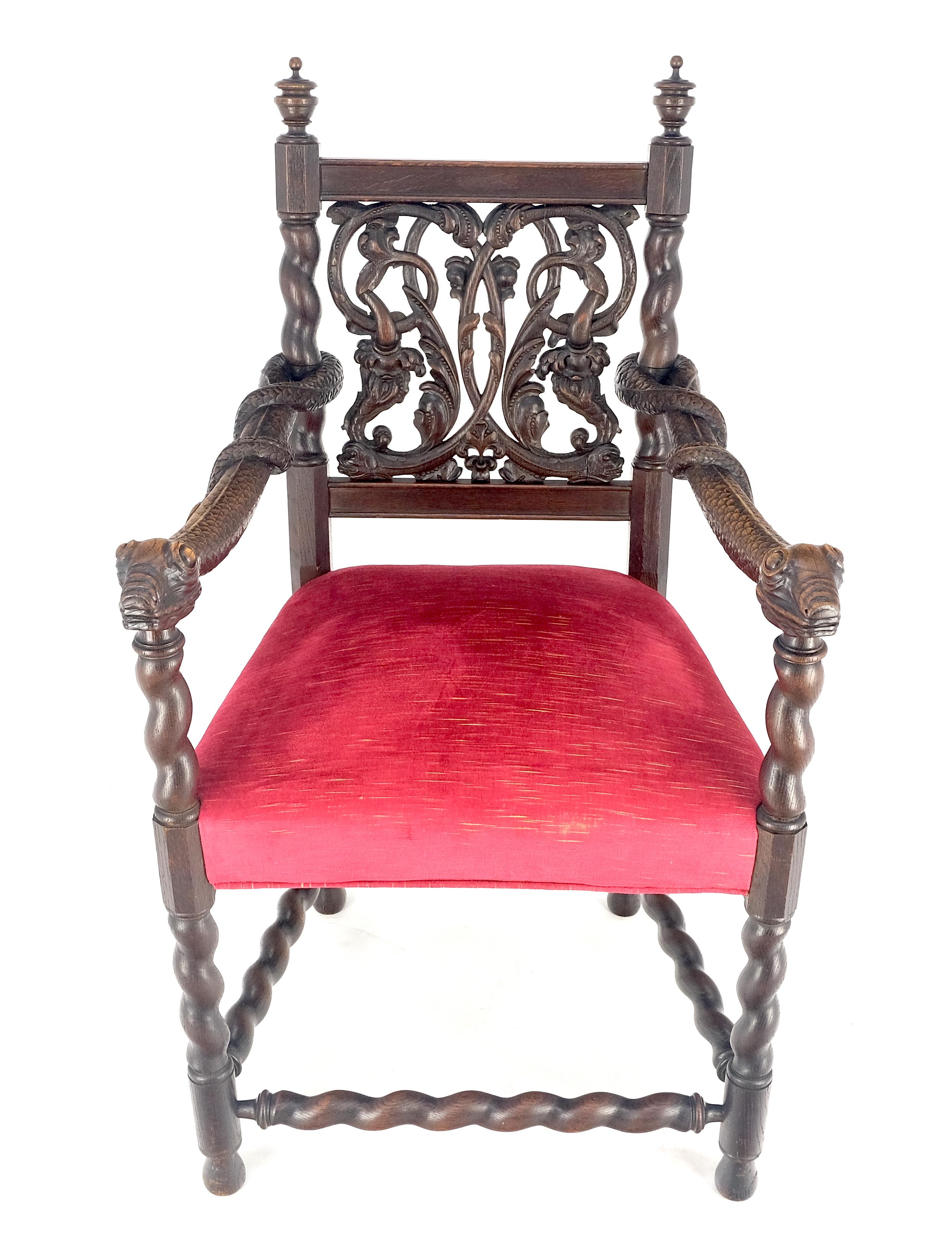 Gothic Revival Very Fine Carved Snakes Arms Twisted Legs Finials Antique Gothic  Arm Chair MINT For Sale