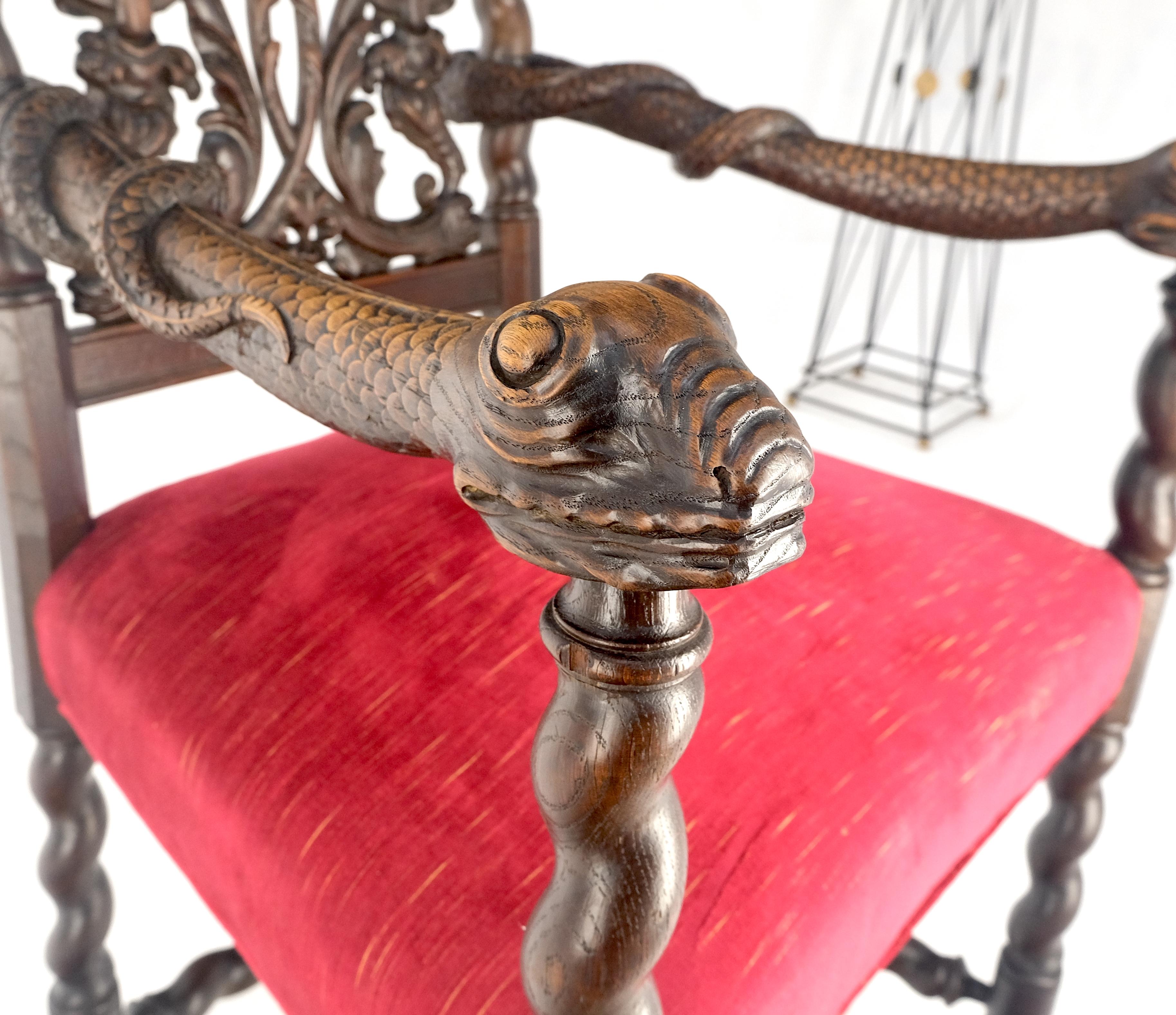 American Very Fine Carved Snakes Arms Twisted Legs Finials Antique Gothic  Arm Chair MINT For Sale
