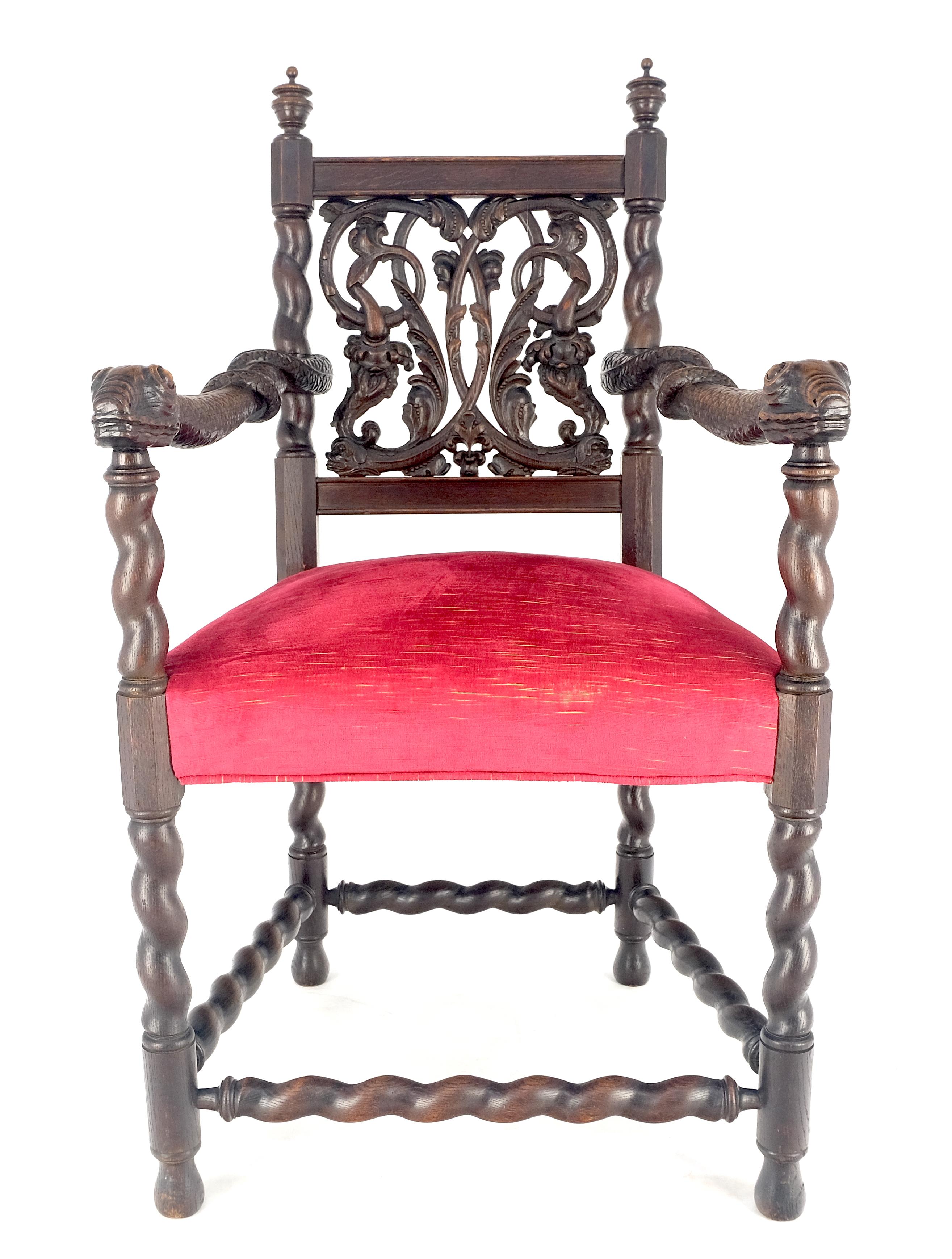 Very Fine Carved Snakes Arms Twisted Legs Finials Antique Gothic  Arm Chair MINT In Good Condition For Sale In Rockaway, NJ