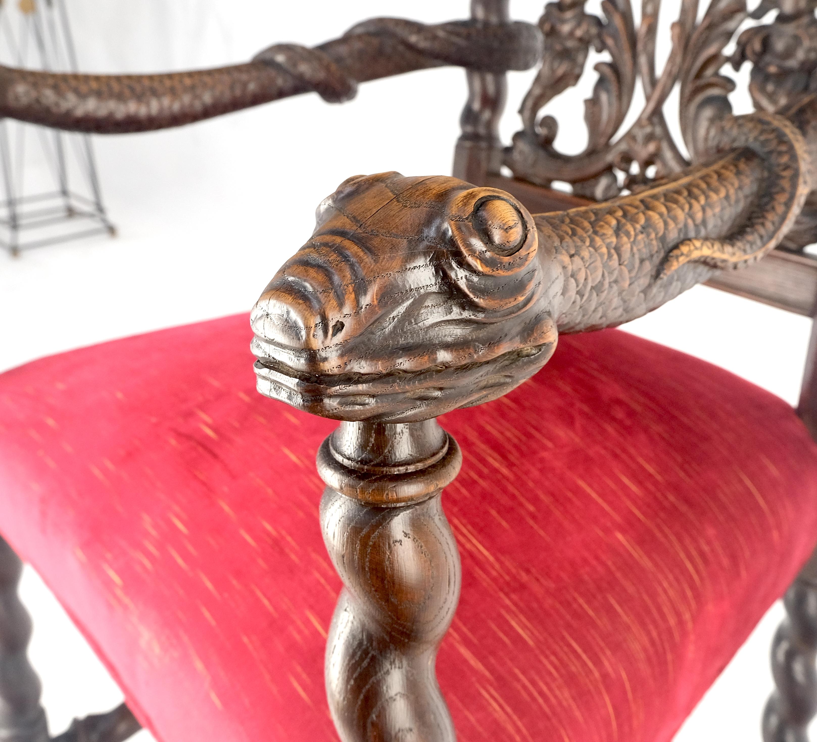 20th Century Very Fine Carved Snakes Arms Twisted Legs Finials Antique Gothic  Arm Chair MINT For Sale