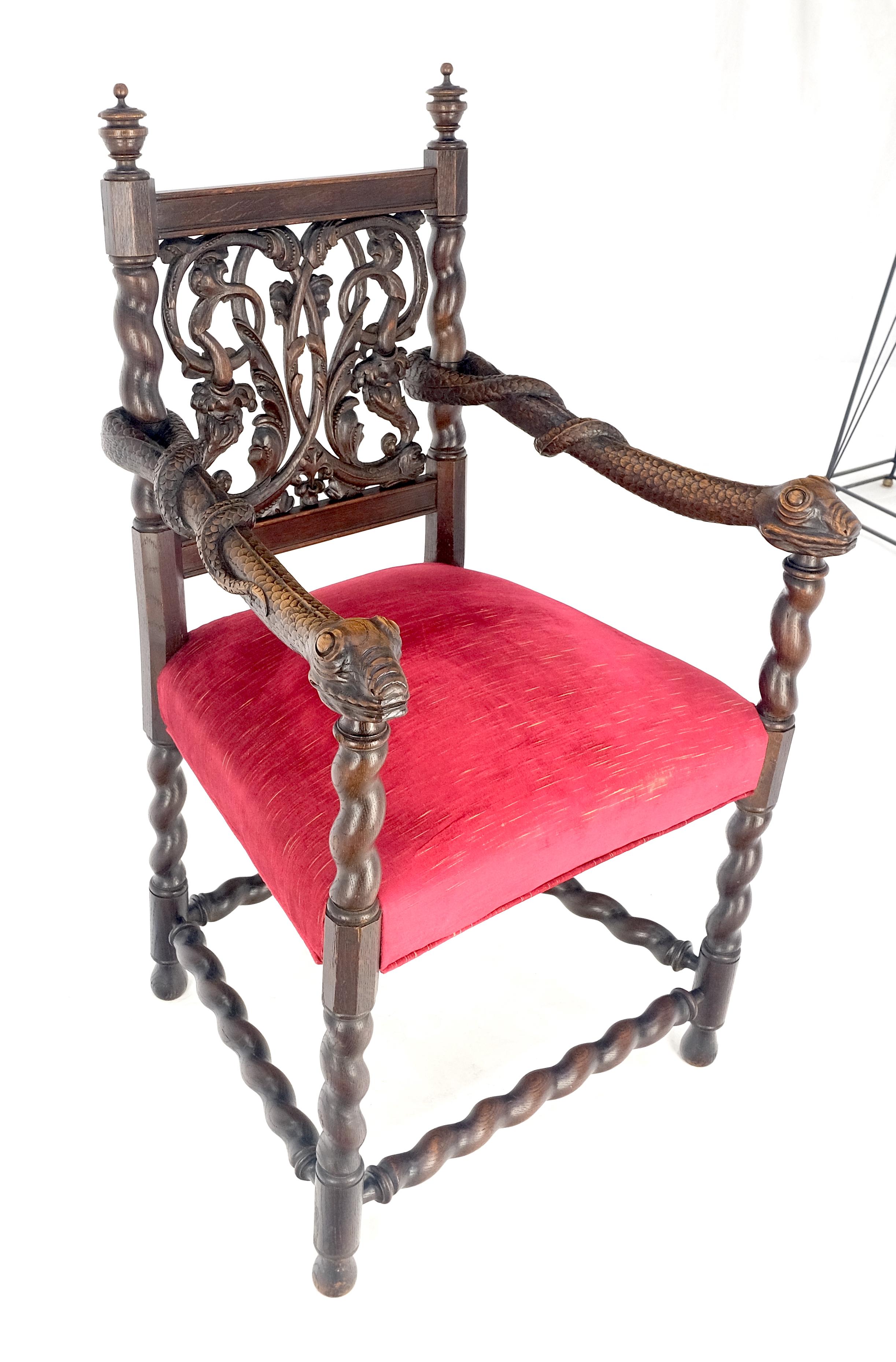 Upholstery Very Fine Carved Snakes Arms Twisted Legs Finials Antique Gothic  Arm Chair MINT For Sale