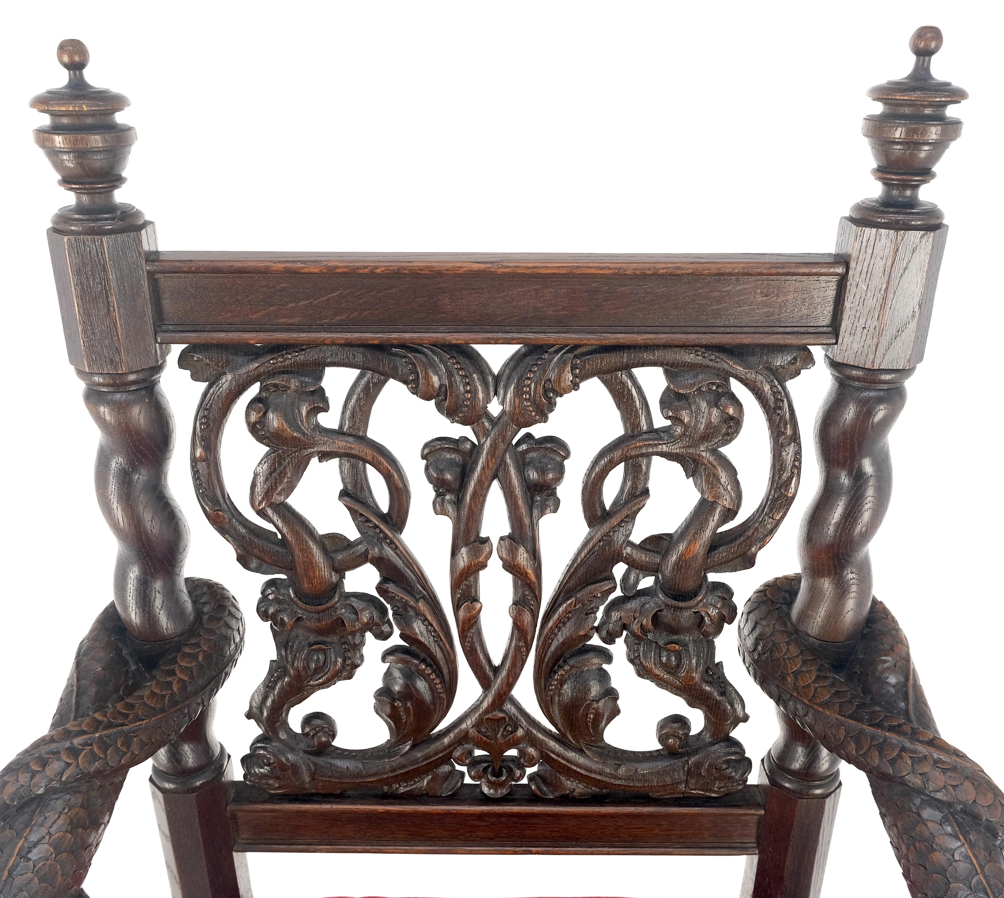 Very Fine Carved Snakes Arms Twisted Legs Finials Antique Gothic  Arm Chair MINT For Sale 1
