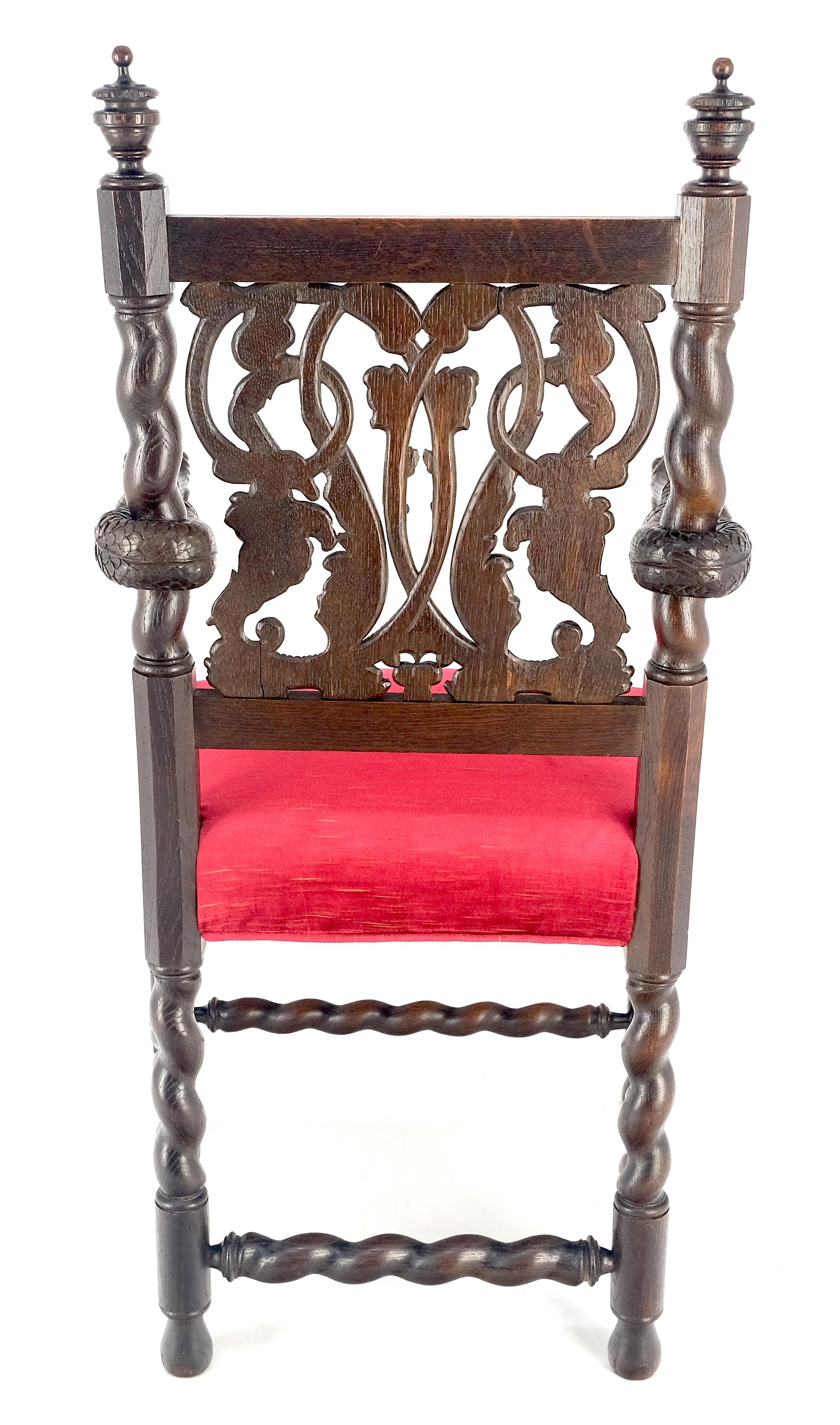 Very Fine Carved Snakes Arms Twisted Legs Finials Antique Gothic  Arm Chair MINT For Sale 2