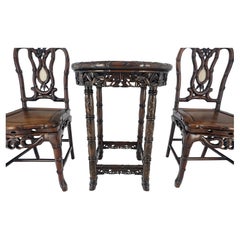 Very Fine Carved Solid Rosewood Faux Bamboo Lamp Table Two Chairs Set MINT!
