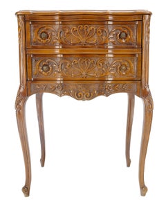 Very Fine Carved Walnut Louis XV Black Marble Top 2 Drawer Side Bed Table Stand