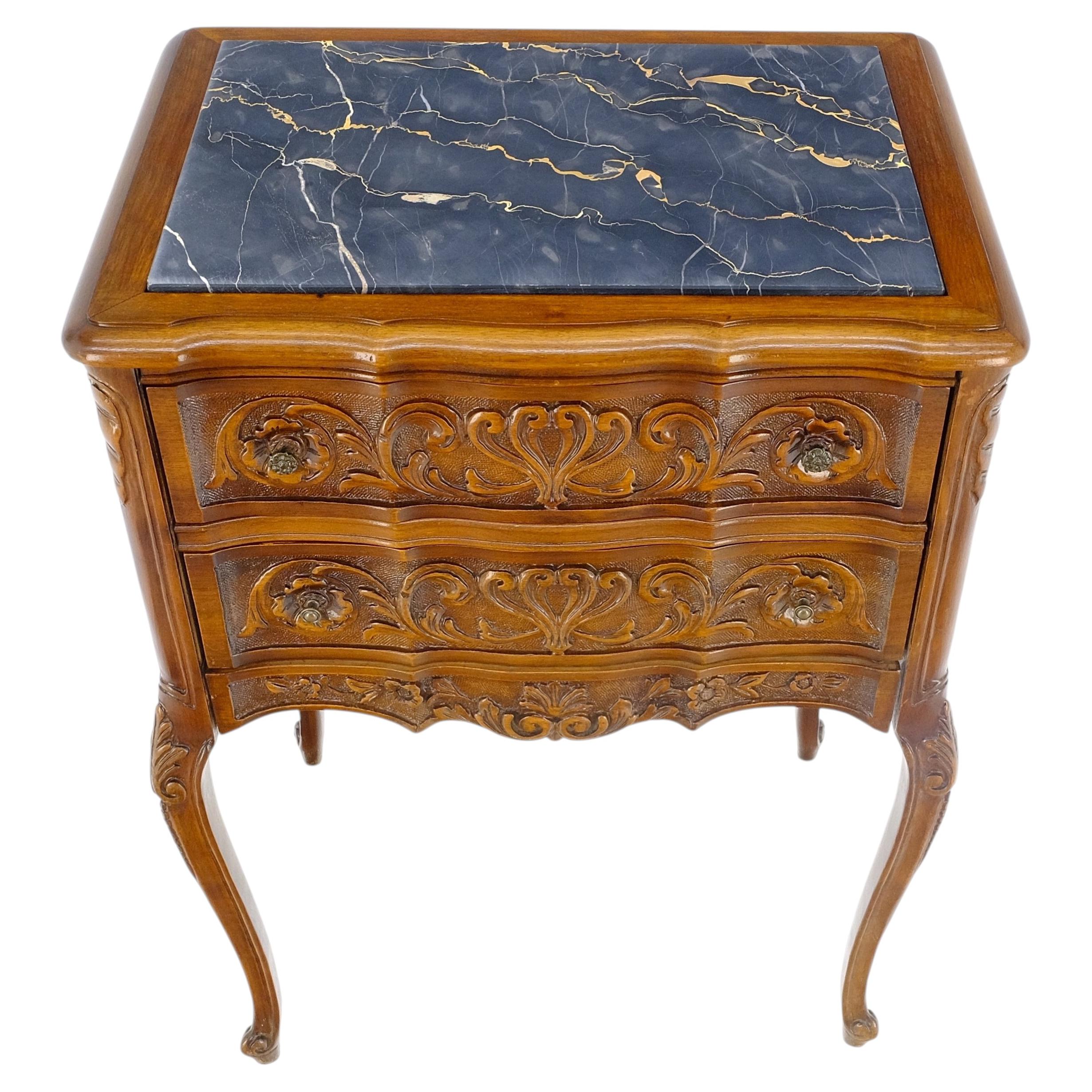 Very Fine Carved Walnut Louis XV Black Marble Top 2 Drawer Side Bed Table Stand For Sale