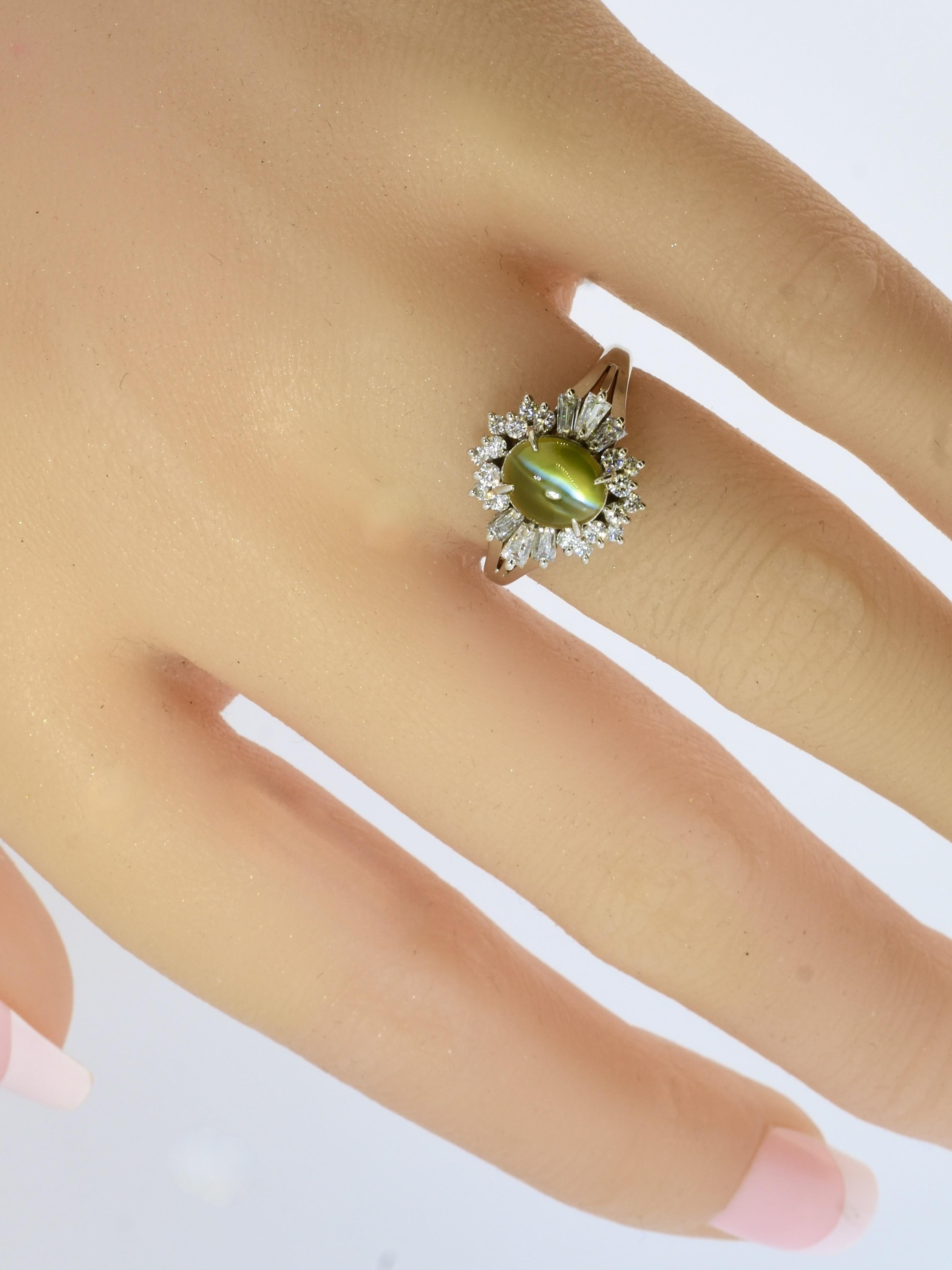 Very Fine Intense color Cat's Eye Chrysoberyl & White Diamond Platinum Ring. For Sale 8