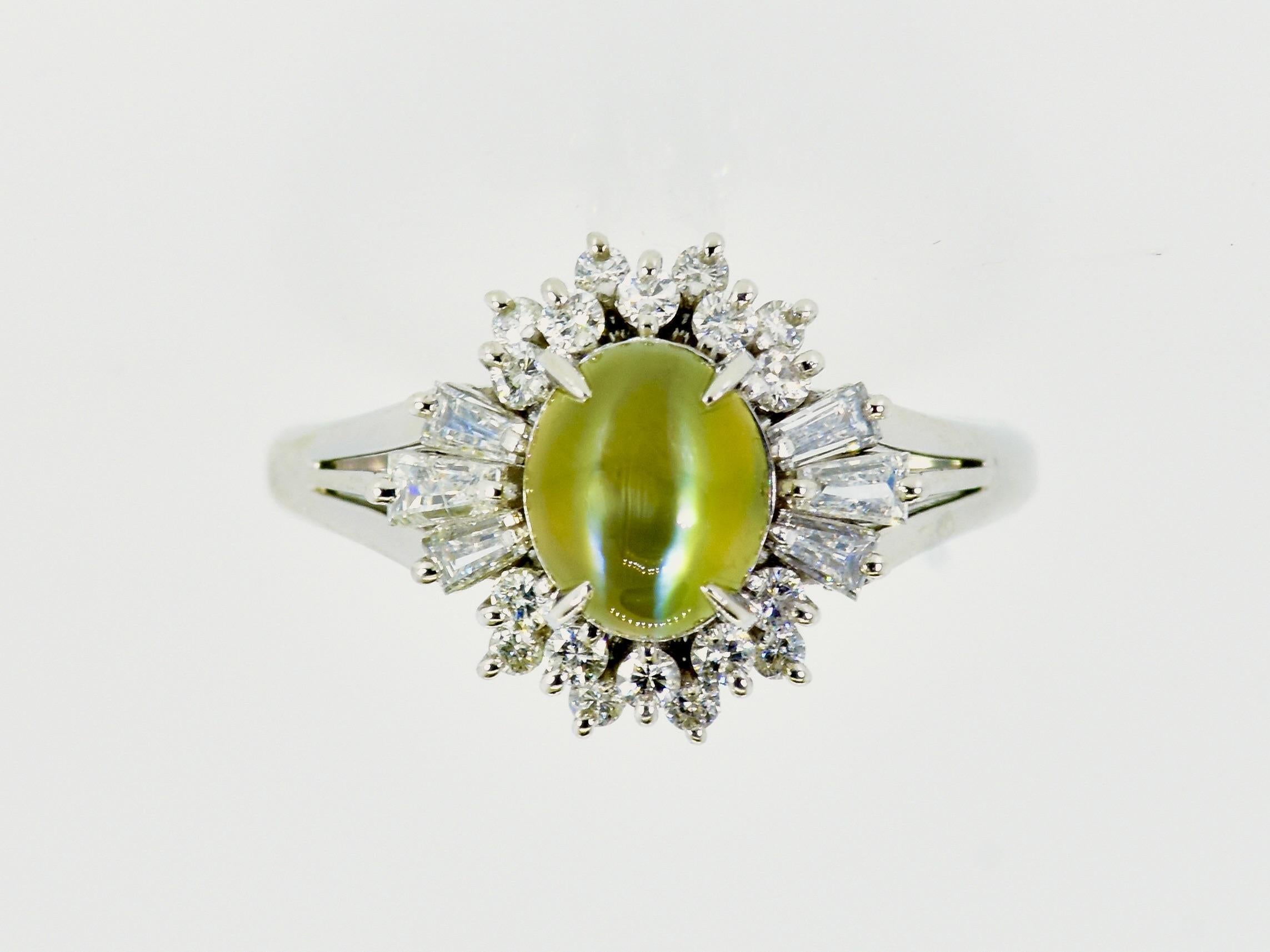 Very Fine Intense color Cat's Eye Chrysoberyl & White Diamond Platinum Ring. For Sale 4